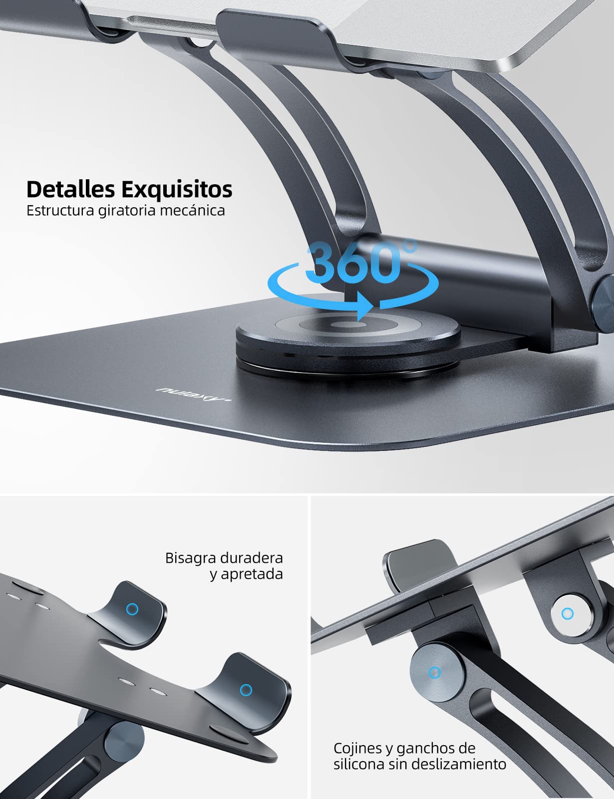 Nulaxy Soporte Ordenador portátil con Base giratoria de 360°, Altura Regulable, Soporte de Escritorio para MacBook de hasta 22 Libras, Compatible con Todos los portátiles, Gris