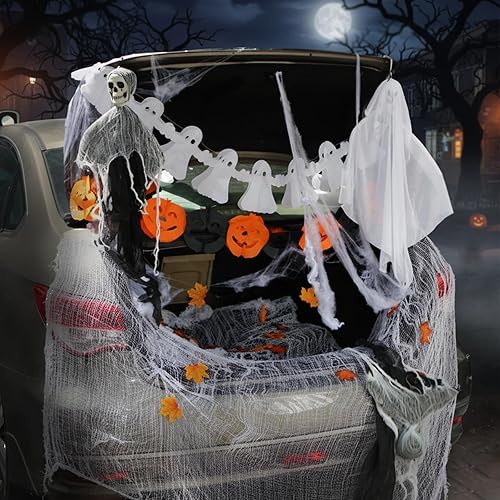 Miniatura 5 de Leyndo Kit de 117 piezas de decoración de Halloween para tronco o automóvil con fantasma de esqueleto colgante, fantasma de tela, guirnaldas de