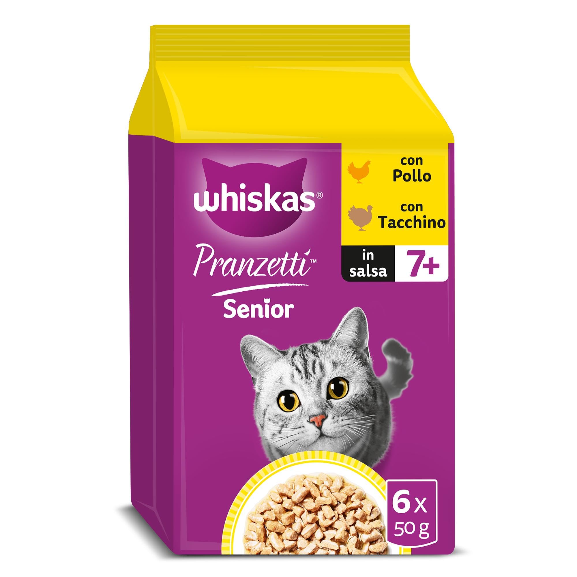 WHISKAS PRANZETTI Cibo Umido in Salsa per Gatti Adulti Senior 7+ 6x50g Pollame, confezione da 12