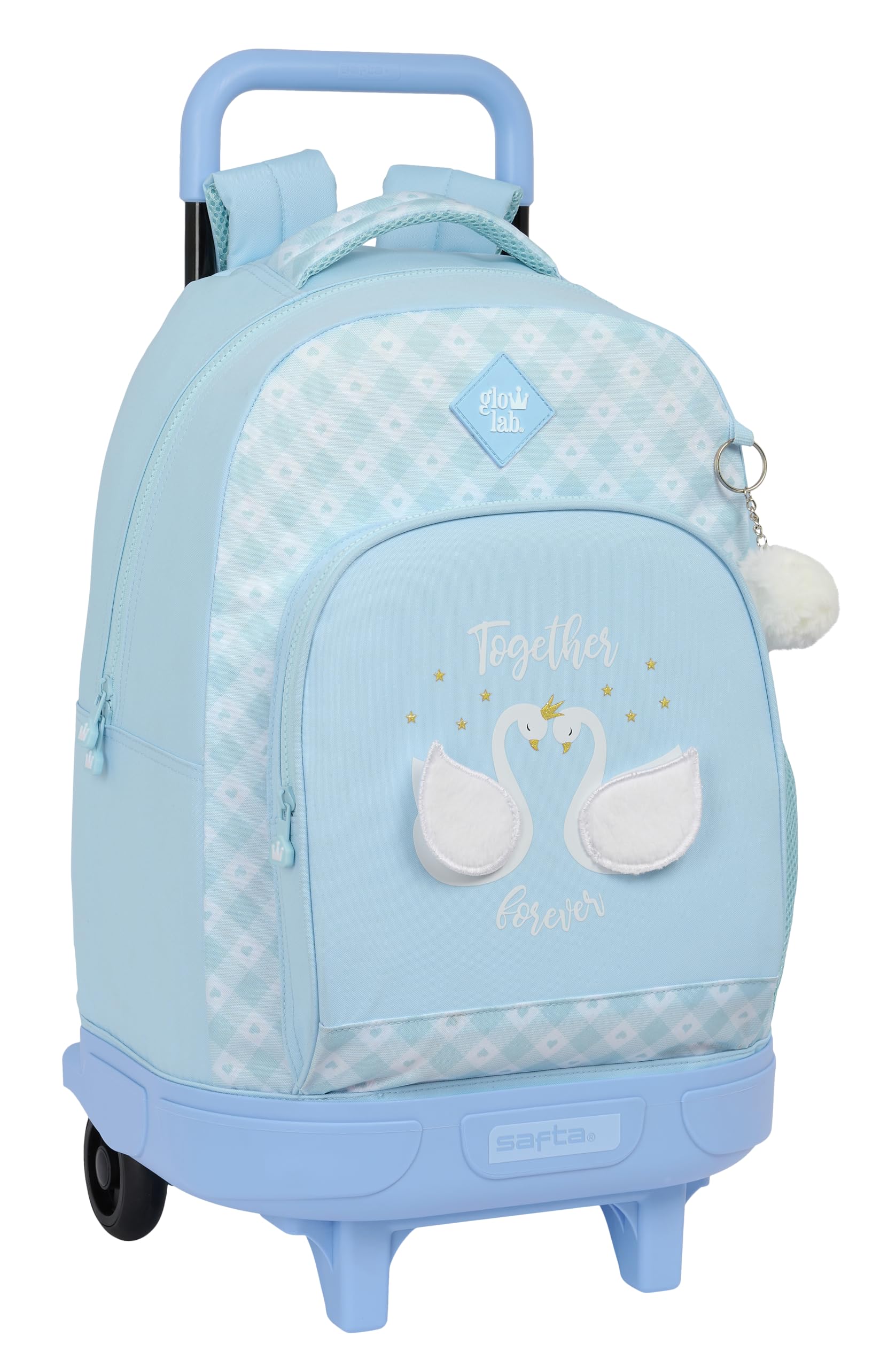 Glowlab CISNES - Mochila Grande con Ruedas, Compacta, Extraíble, Ideal para Niños de Diferentes Edades, Cómoda y Versátil, Calidad y Resistencia, 33x22x45 cm, Color Azul Claro