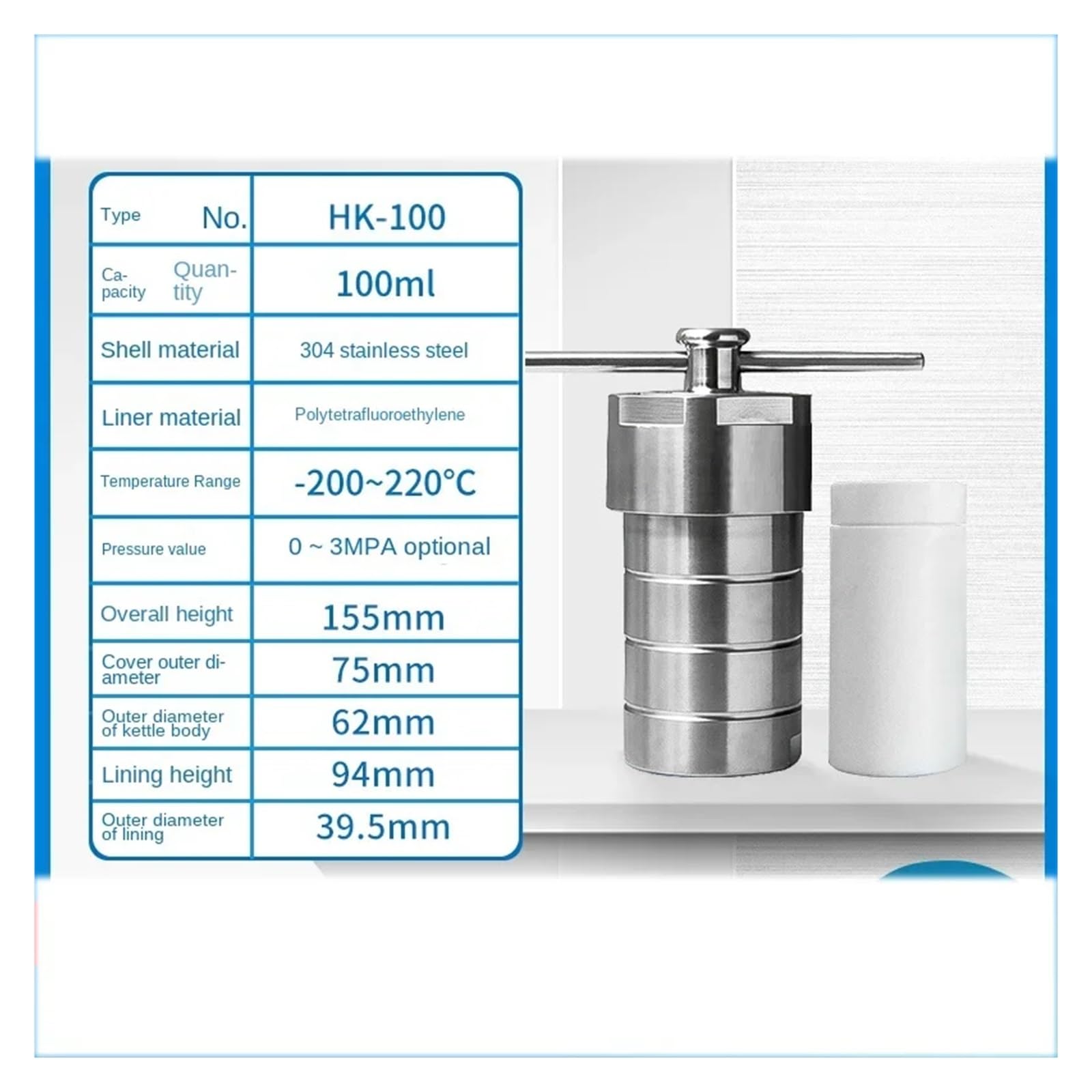 Laboratorium reaktora do syntezy hydrotermalnej Mały reaktor hydrotermalny ze stali nierdzewnej wyłożony PTFE 100 ml(100ml)