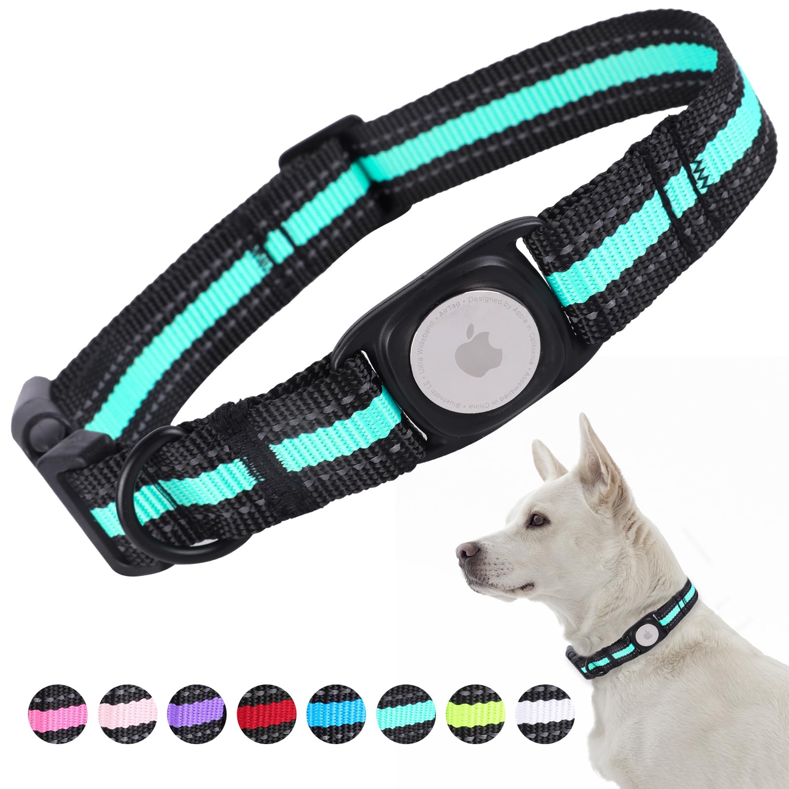 ARING PET Reflective Dog Collar, Cute Green Airtag Dog Collar