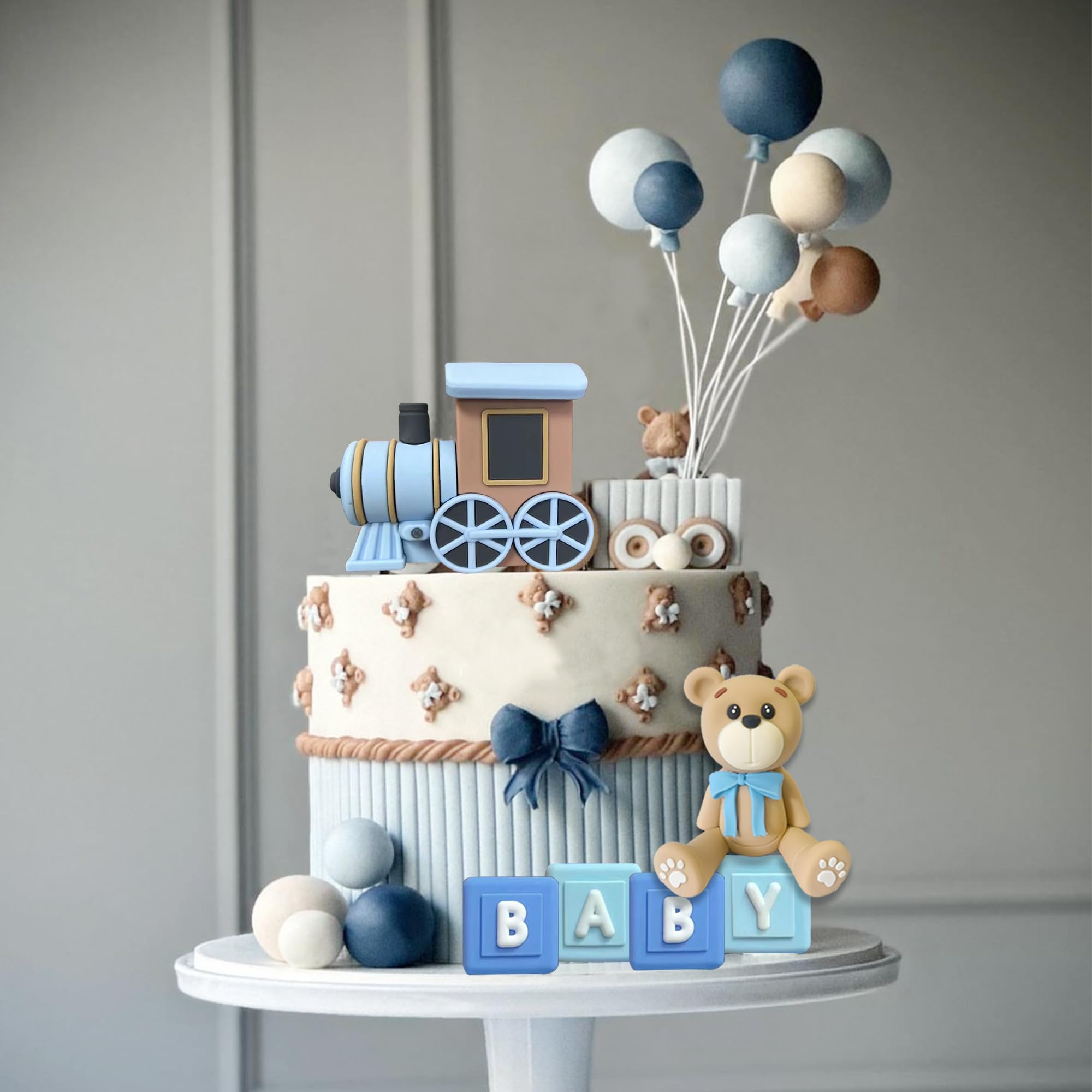 Décoration de gâteau en forme d'ours, 29 pièces, décorations de gâteau pour réception-cadeau pour bébé, avec ours mignon, lettre bleue pour bébé, ballon en mousse bleu or blanc pour enfants