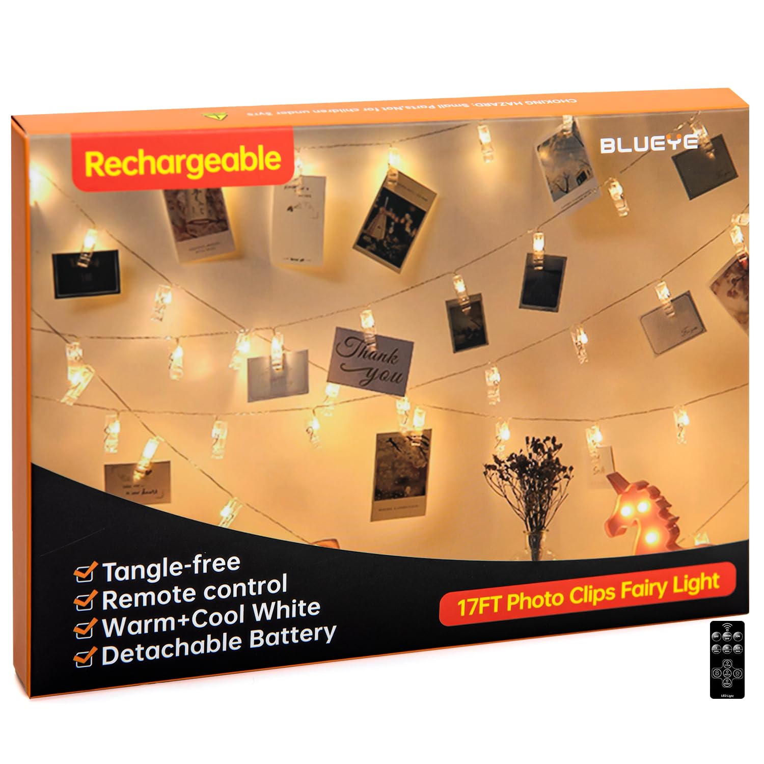 Photo 1 of 17FT 100LEDs Rechargeable Photo Clips String Light,Remote Control,3 Off Timer,Tangle-Free,Detachable Battery Operated Fairy Lights,Dorm Room Essential for Girl,Christmas(Cool+Warm White,1Pack)