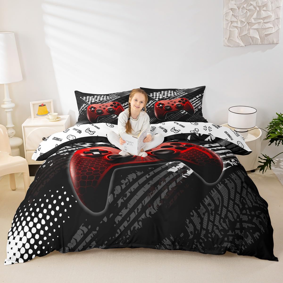 Boys Red Gamepad Duvet Cover Set Queen Size,Video Games Bedding Set,Black White Plaid Flag Race Gaming Comforter Cover for Kids Teens Men Gamer Room