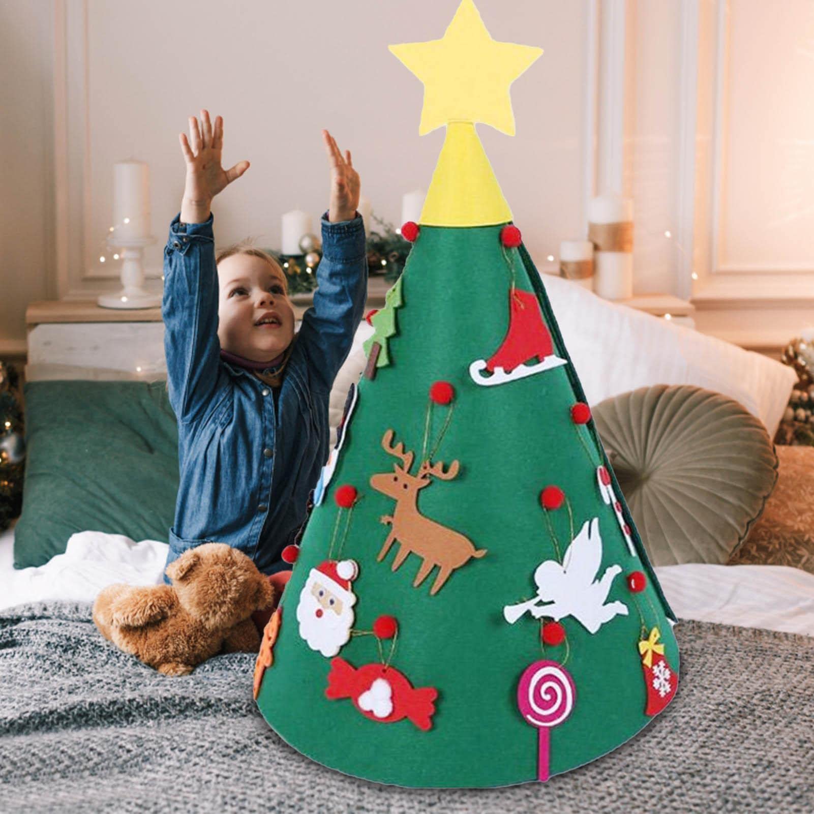 NEWUPZSI Doe-het-zelf 3D-vilten kerstboom voor kinderen, doe-het-zelf set, kerstboom met afneembare ornamenten voor thuis, 3 mm x 2, groen NEWUPZSI Doe-het-zelf 3D-vilten kerstboom voor kinderen, doe-het-zelf set, kerstboom met afneembare ornamenten voor thuis, 3 mm x 2, groen