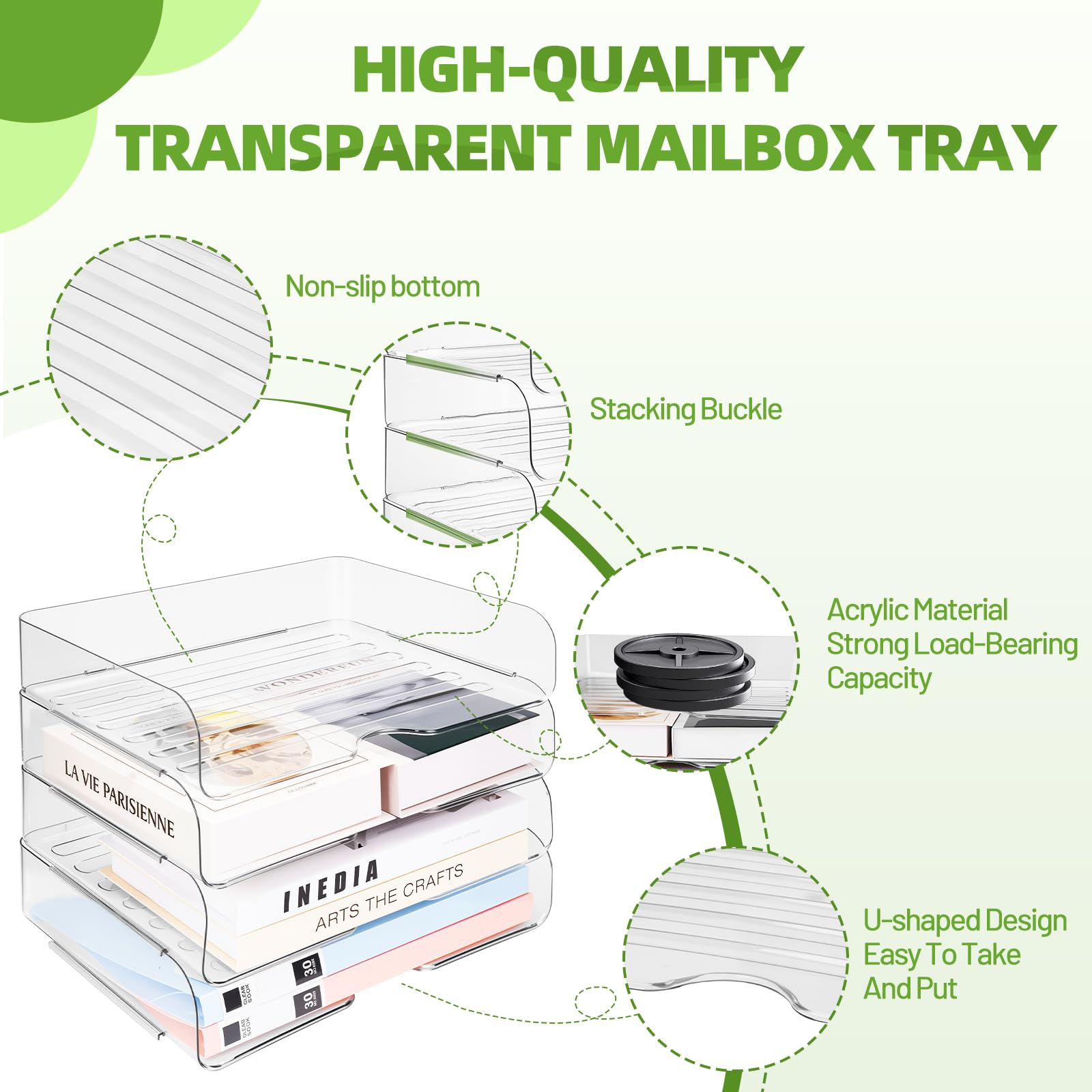 Organizador Escritorio Pet Apilable,Bandeja Apilable de Acrílico,Bandejas Plastico Transparente para Papel,Bandejas Transparentes Oficina para Revistas Documento Recibos Material Oficina