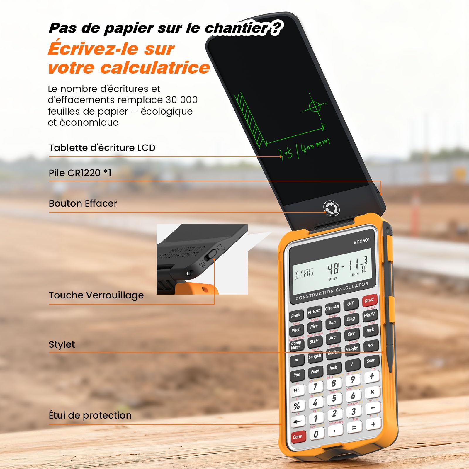 Calculatrice de Chantier avec Tablette d'écriture, Industrie & Science d'ingénierie ROATEE pour Entrepreneurs, béton, Calculatrice Fractions Pieds/Pouces pour menuisiers, charpentiers, rénovateurs
