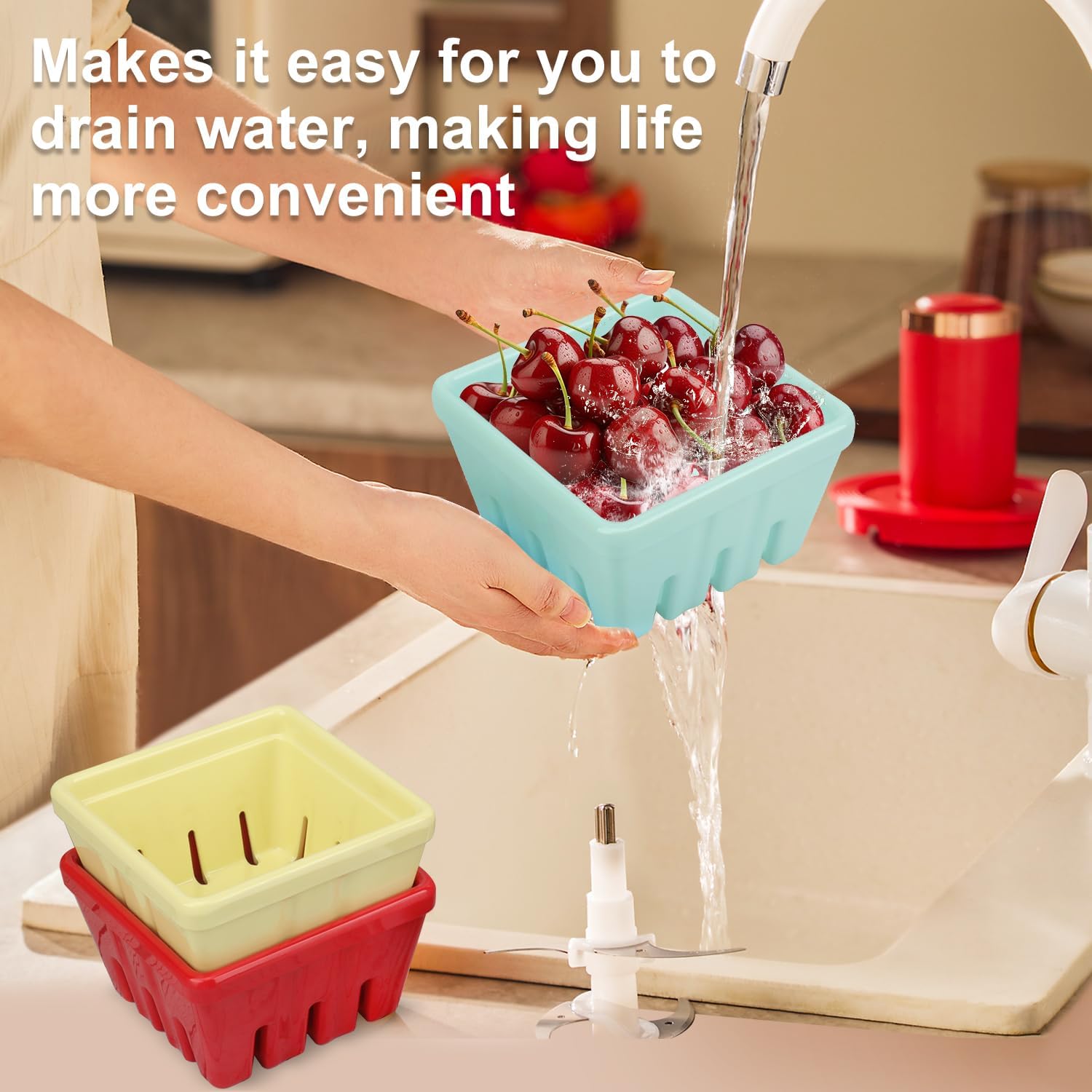 4 Pack Ceramic Berry Basket, 5.1 Inches Square Ceramic Fruit Bowls with Draining Holes, Rustic Stoneware Berry Bowls for Strawberries, Grapes, Cherries & More