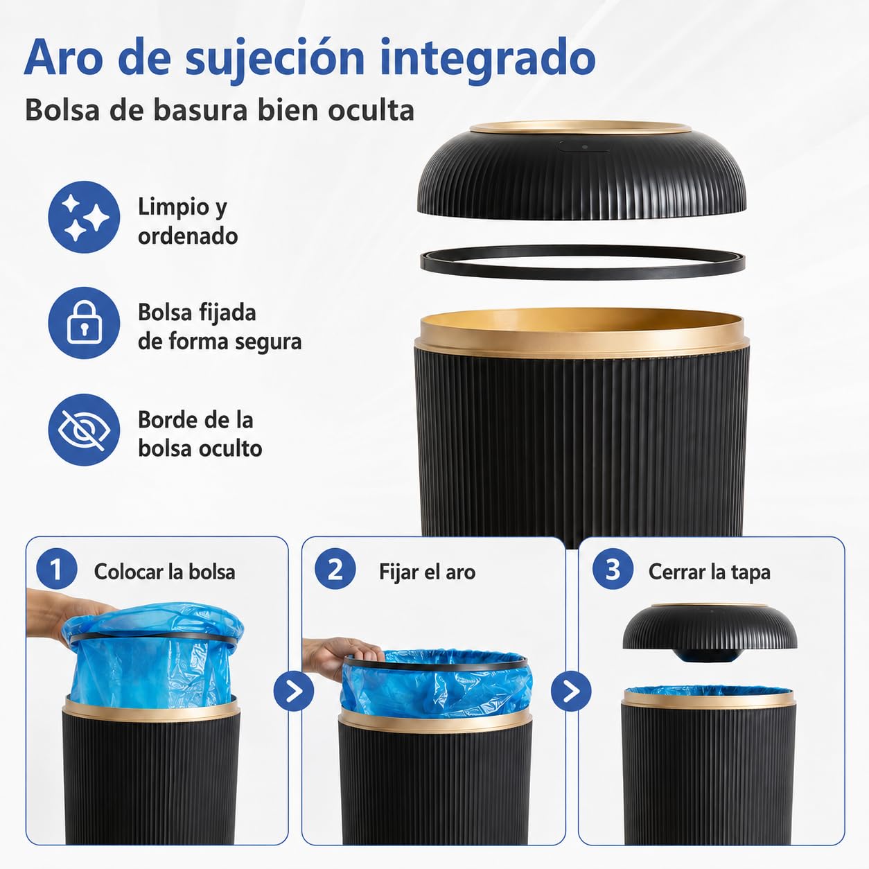 Papelera Automática 10L con Sensor para Baño, Blanca - Cubo Basura Inteligente con Diseño Redondo Elegante, Patas de Madera y Apertura Sin Contacto para Salón (10L Schwarz)
