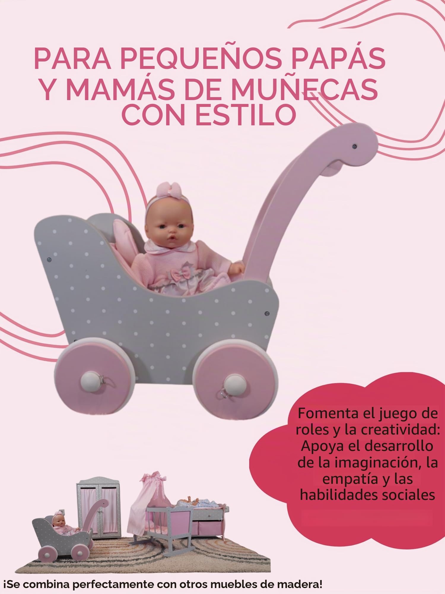 Cochecito de Madera para muñecas de bebé de hasta 54 cm, Carrito de muñecas de Madera, Altura de Empuje 43 cm, Puntos Grey