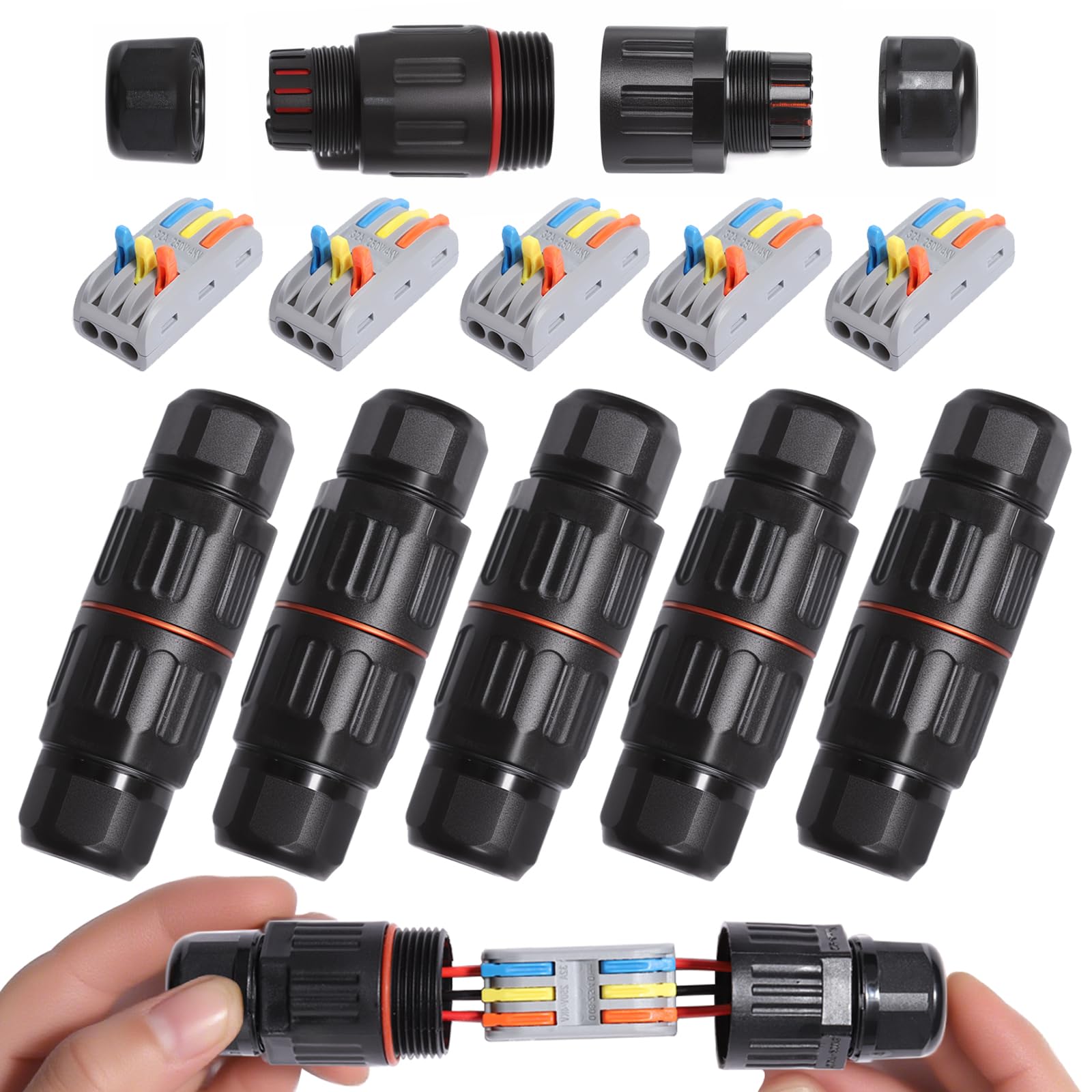Shengbowi Waterproof Junction Box Outdoor Cable Connector IP68 3Way M25 Cable Wire Range Line 6-11mm Power Cord External Sleeve Coupler Protection (5 PCS) Quick Connection