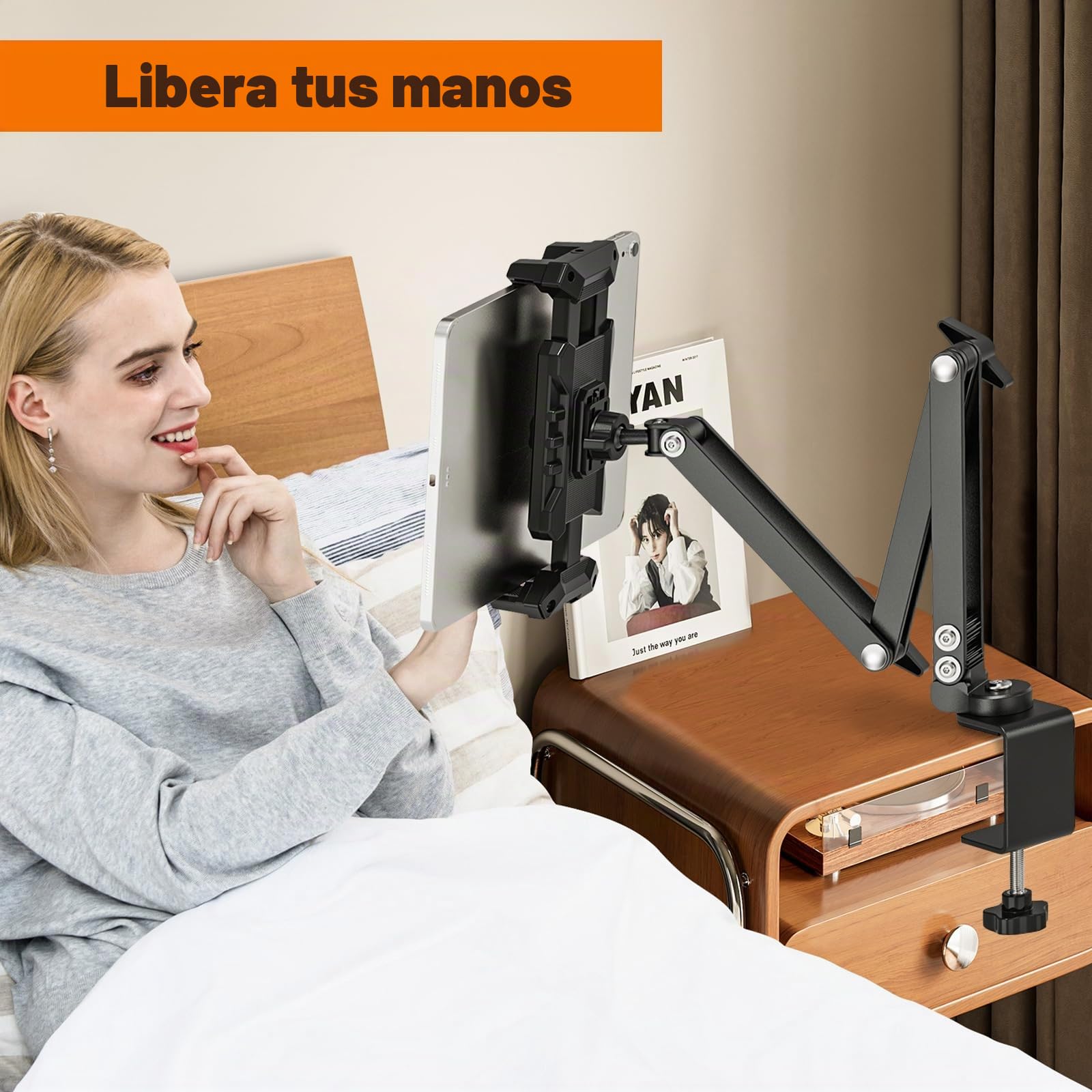 Soporte Tablet Mesa, 360°Giratorio Soporte iPad Mesa con Brazos Metálicos, Soporte Tablet Cama para iPad Pro/Air/Mini, 4.7"-13.5" Tablets