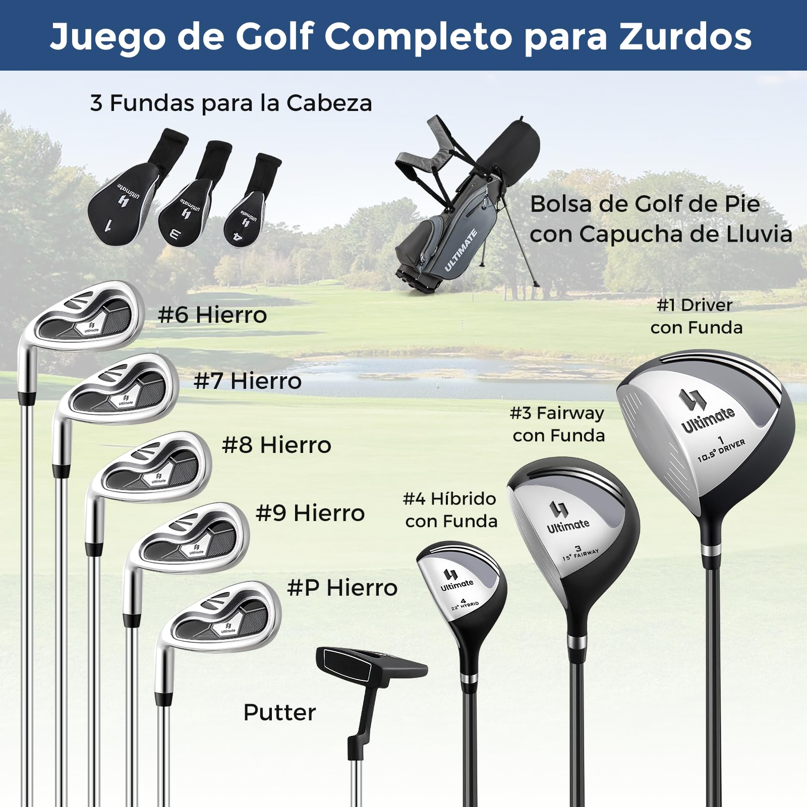 GOPLUS Juego de Golf Completo para Hombre, Juego de Palos de Golf Portátil para Zurdos con Correa de Hombro y Asa, Driver #1, Fairway #3, Híbrido #4, 5 Palos de Hierro y un Putter