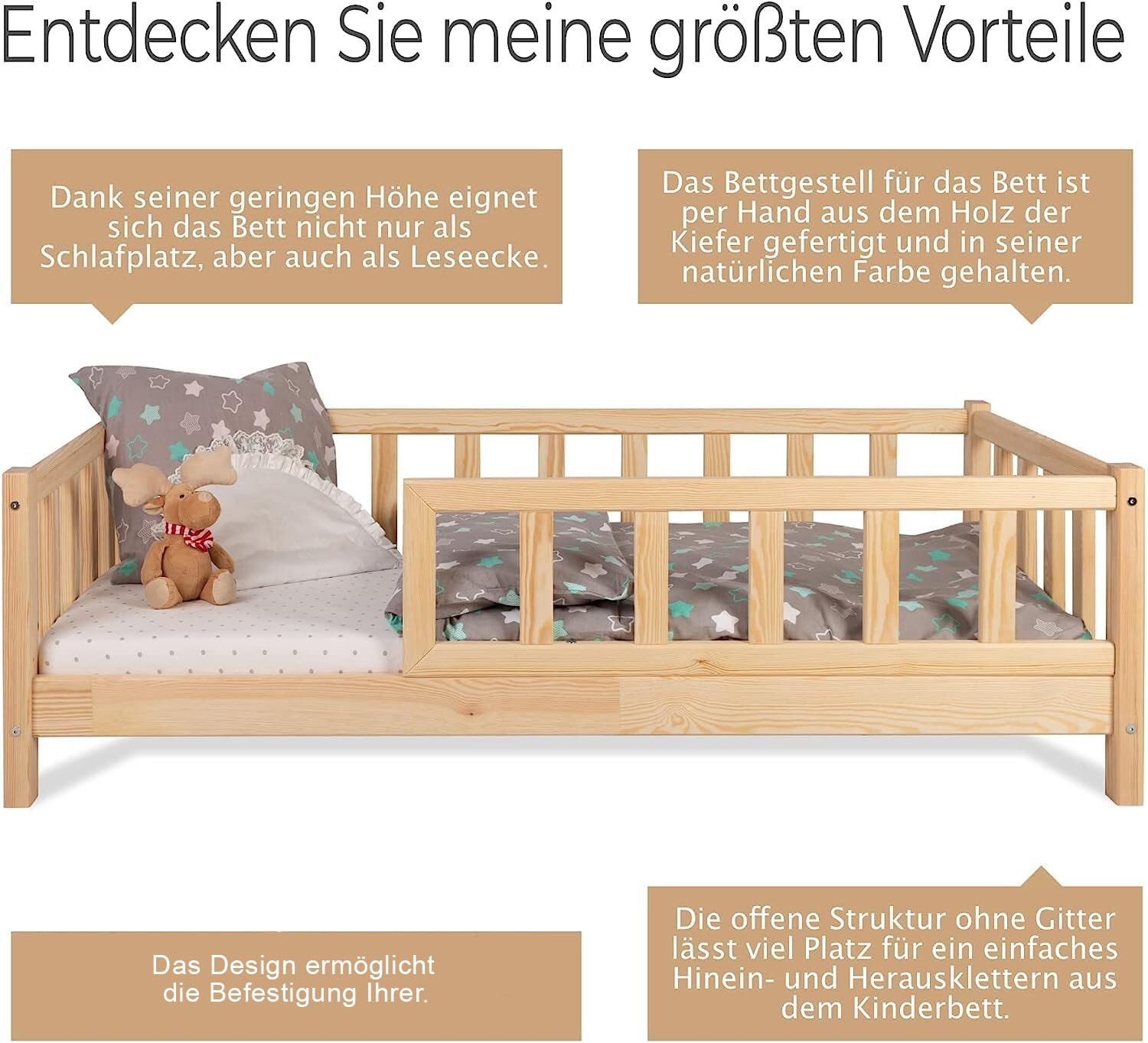 Lit Enfant Cabane 80 x 140 cm avec Protection Antichute Cadre en Bois Pin pour Garçons & Filles