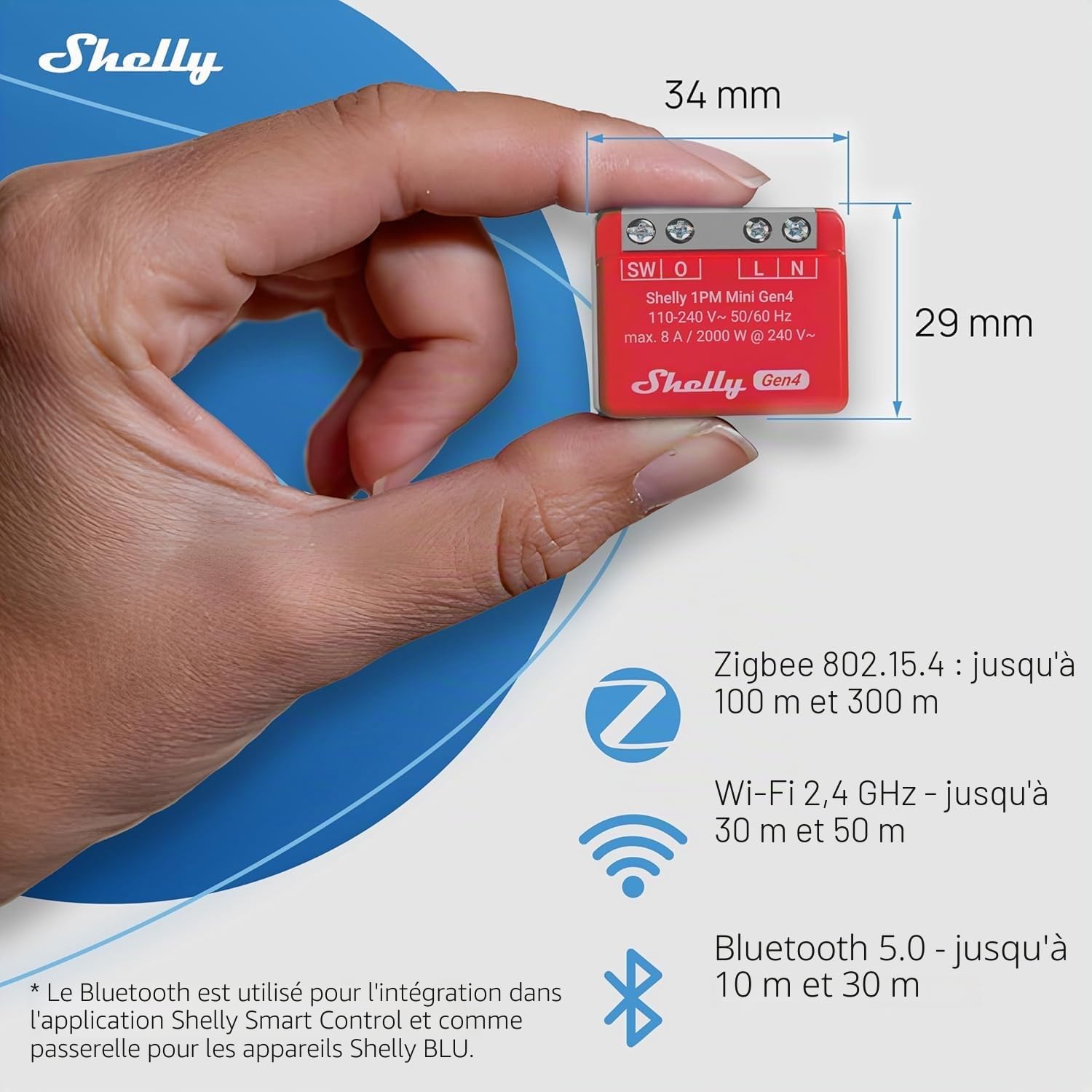 Shelly 1PM Mini Gen4, Commutateur relais intelligent géré par Wi-Fi, 1 canal, 8A, mesure de puissance, domotique, aucun hub requis, Alexa, Apple HomeKit et Google Home, Zigbee et Matter (4 pièces)