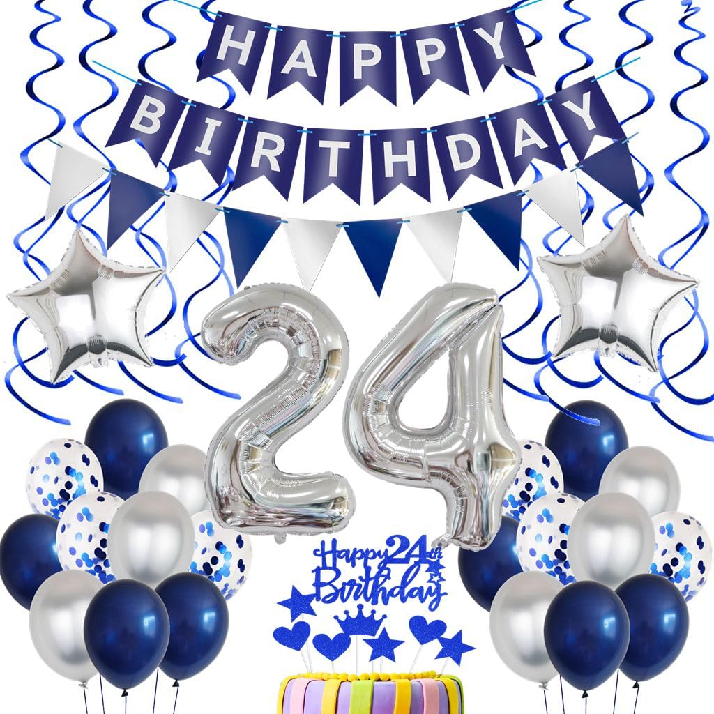 Decorazioni per il 24° compleanno, Decorazione per torta blu Compleanno 24 anni Uomo, Decorazione per feste Blu, 24° compleanno Donna Uomo, Decorazione per torta 24° compleanno Uomo donna, Decorazione
