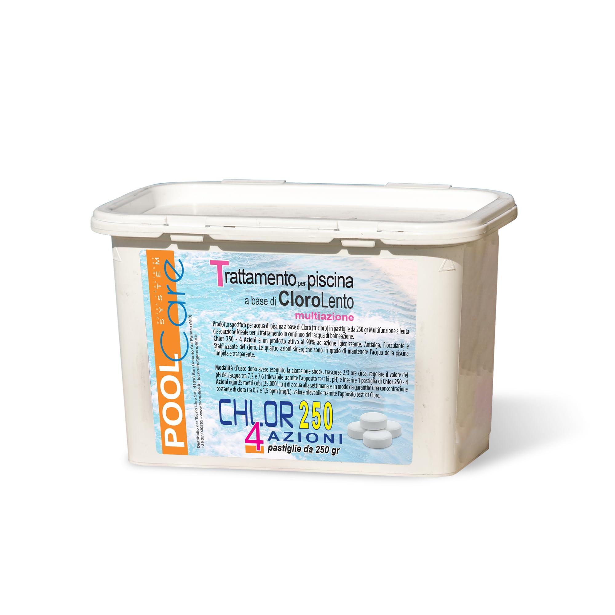 Pool Care Chlor 250 4 Actions 1 kg, Chlore pour Piscine en pastilles de 250 g (tri-90/250) Multiaction Active à 90% à Dissolution Lente pour Piscine