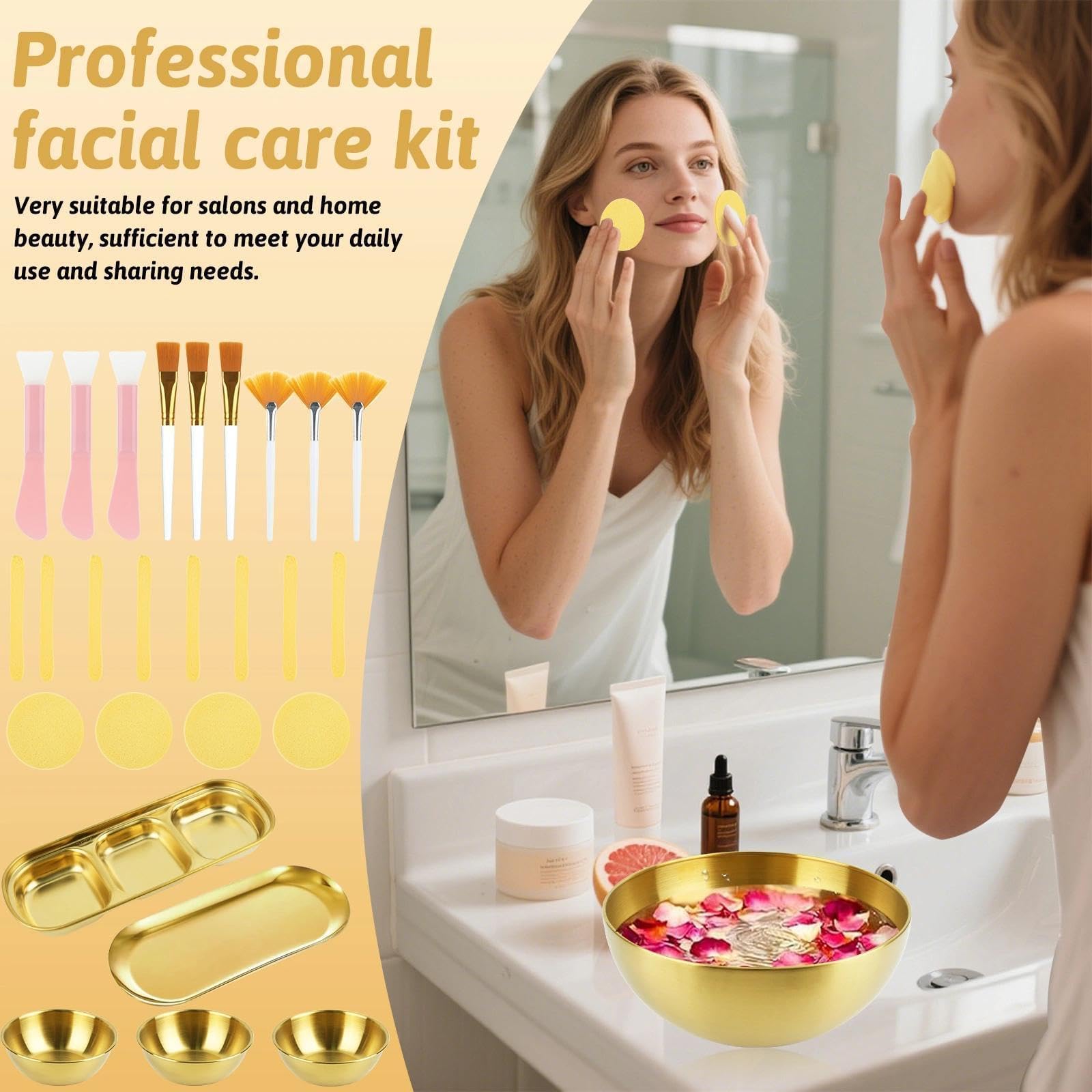 29-Piece Gold Facial Skincare Tools Set with Bowls, Brushes and Sponges