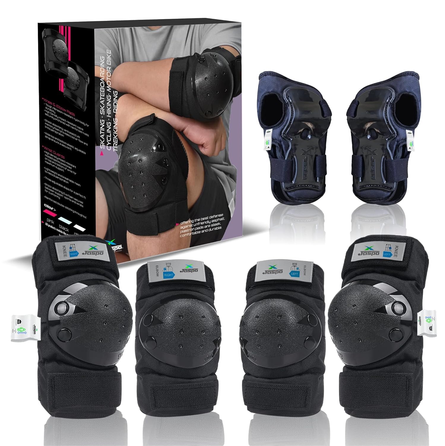jaspo Plastron Saver 3 Professional Protective Set (Knee/Elbow/Wrist Guard) Multi Purpose Safety Kit for Skateboarding, Roller Skating, Inline Skating, Cycling and Other Sports (Small, Black)