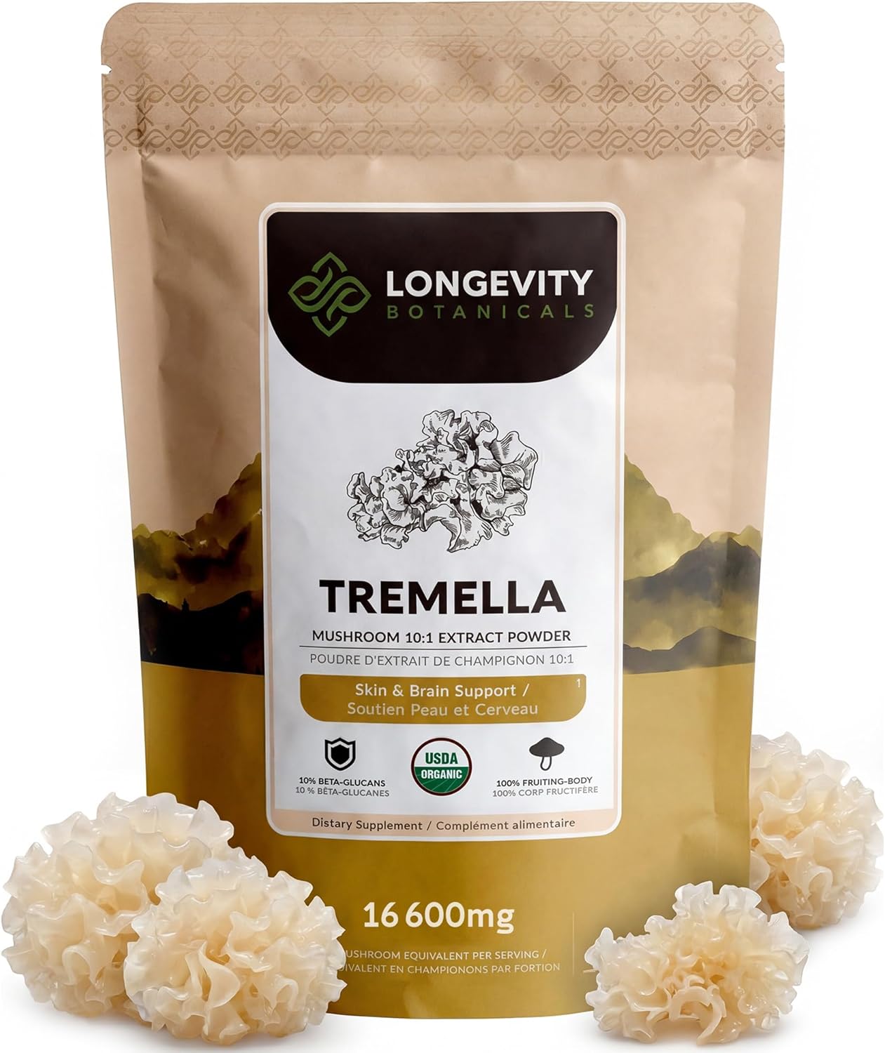 Organic Tremella Mushroom Powder Supplement 100g | Pure Fruiting Body 10:1 High Strength Snow Fungus Extract | 10% Beta-D Glucans | 16,600mg Raw Equivalent Per Serving | Skin Hydration & Brain Support