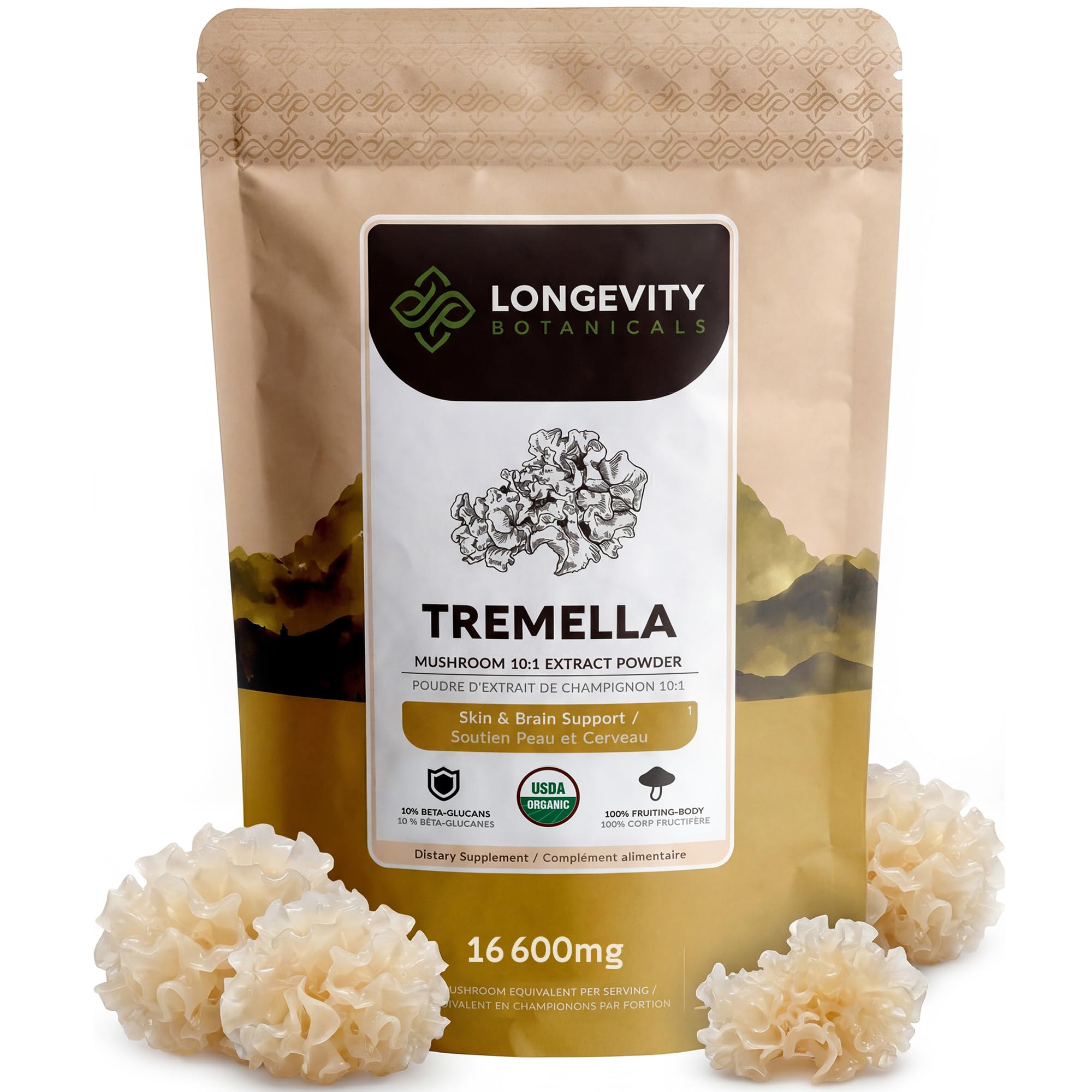 Organic Tremella Mushroom Powder Supplement 100g | Pure Fruiting Body 10:1 High Strength Snow Fungus Extract | 10% Beta-D Glucans | 16,600mg Raw Equivalent Per Serving | Skin Hydration & Brain Support