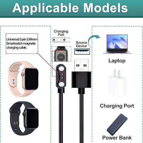 Miniatura 2 de 2 cargadores universales de reloj inteligente, cable de carga USB magnético de 2 pines de 0.112 in, cable de carga de repuesto compatible con