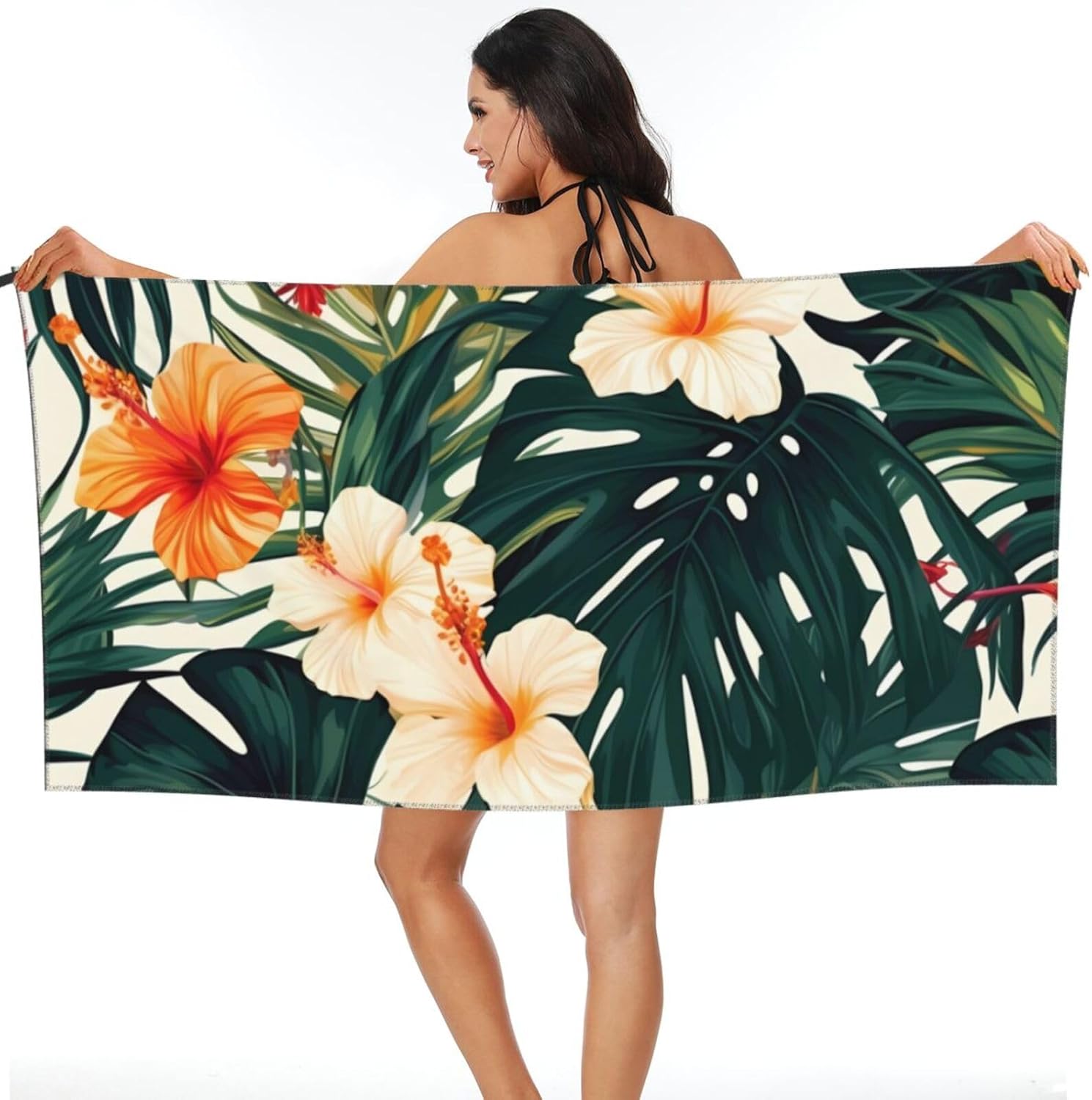 Tropical Summer Hawaiian Flower Palm Leaves Printed Microfiber Travel Towel,Camping Towel,Quick Dry,Soft Lightweight for Gym,Hiking,Yoga,Backpacking