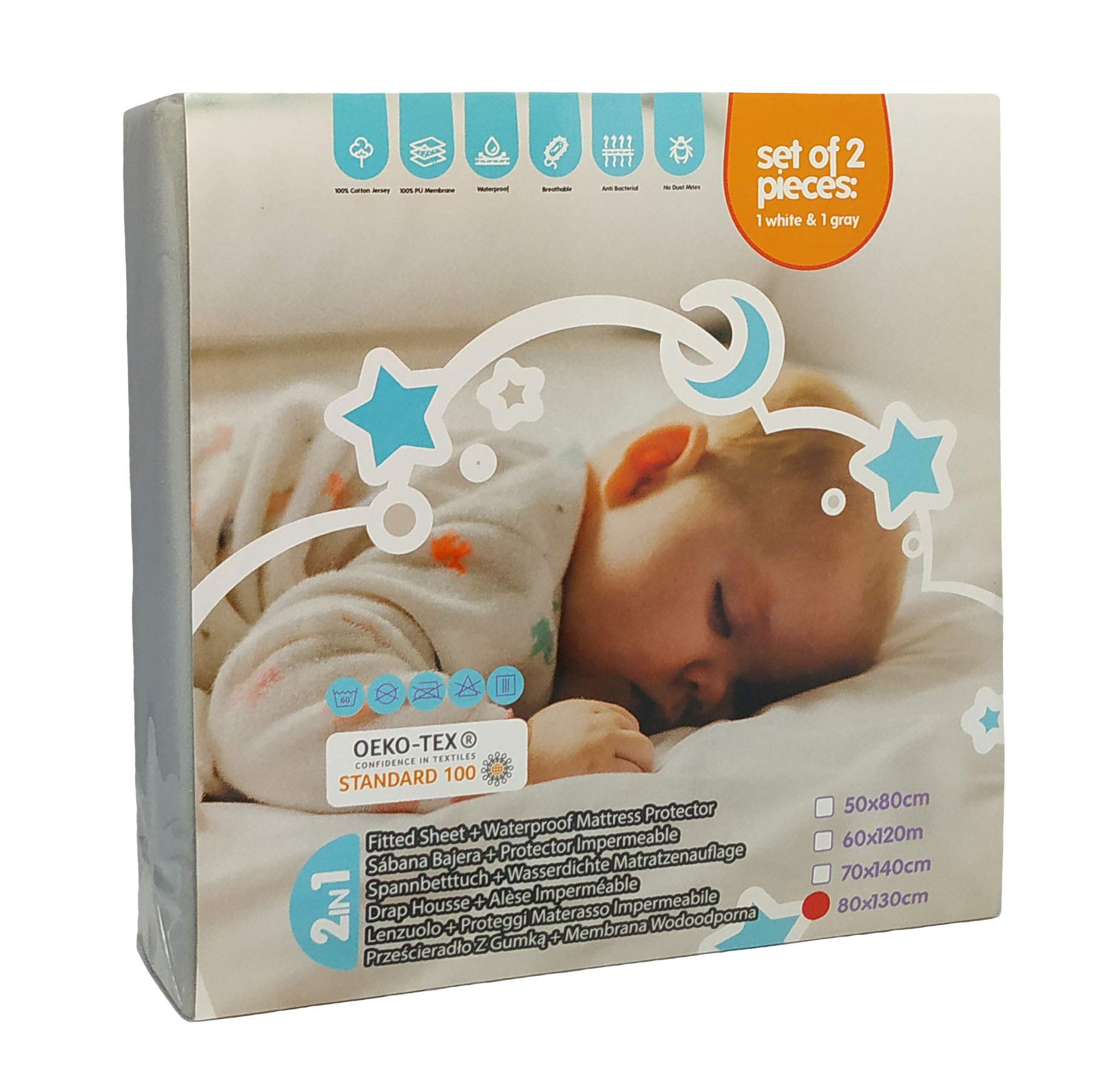 Bisoo Baby Cot Bed Waterproof Sheets Fitted 140 x 70 / 28x55 - Set of 2 Fitted Sheet Mattress Protector Made of 100% Jersey Oeko-Tex + PU - Toddler Cots Beds & Cribs - Soft & Silent - White & Gray