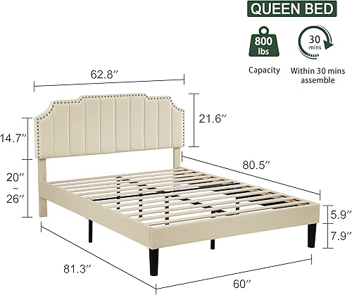 Miniatura 86 de VECELO Base de cama tamaño Queen tapizada con cabecera ajustable copetuda/base de colchón con soporte de listones de madera, fácil montaje, azul