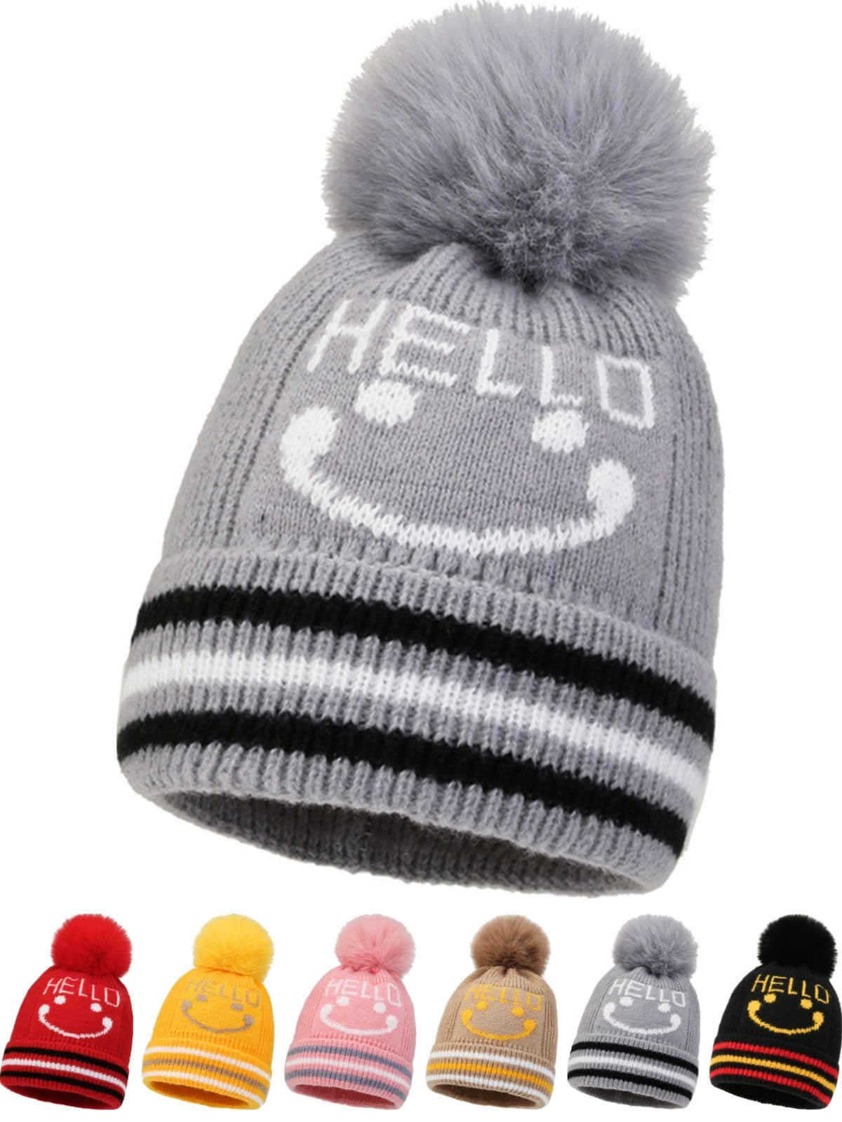 JFAN Gorro de Punto Invierno Térmico Recién Beanie para Bebés con Pompón Sombrero para Niños Niñas Cálido Tricoté de 2 a 8 años