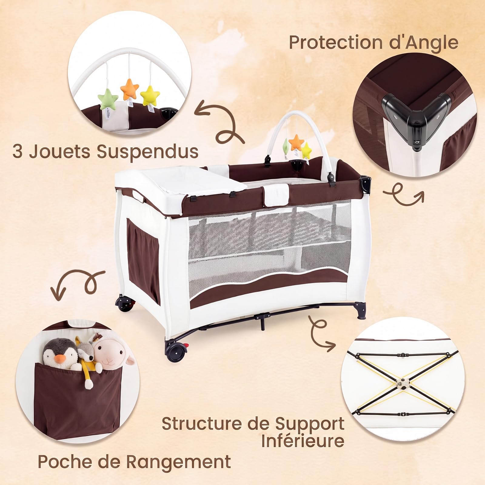 COSTWAY 4 en 1 Lit Parapluie Bébé Pliable avec Matelas (Marron)