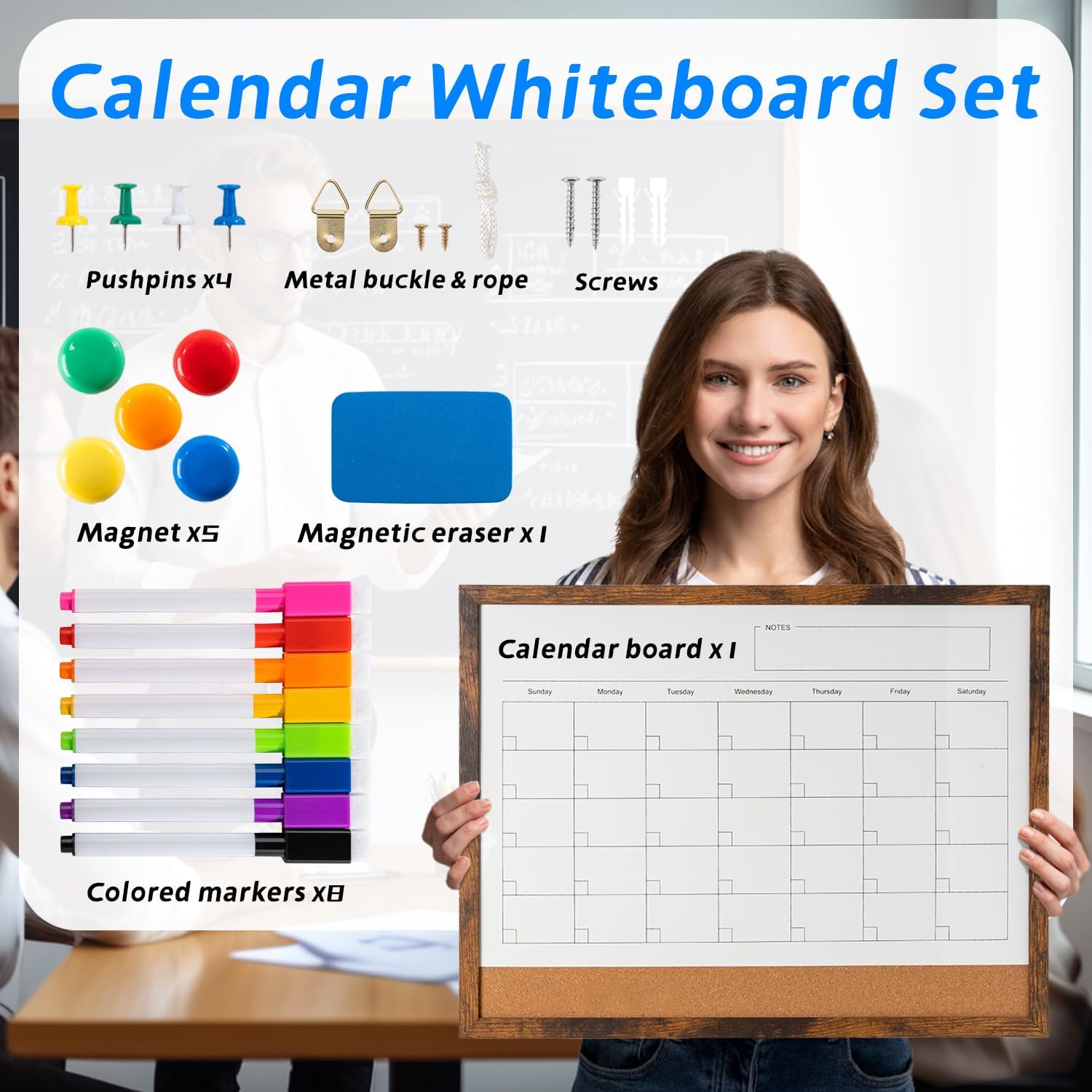 Dry Erase Calendar Whiteboard, 17" x 13" Magnetic Whiteboard Cork Board Combo, Reusable Monthly Planner with 8 Markers, Eraser, Magnets and Pushpins, Hanging Dry Erase Board for Home, School - Brown thumbnail