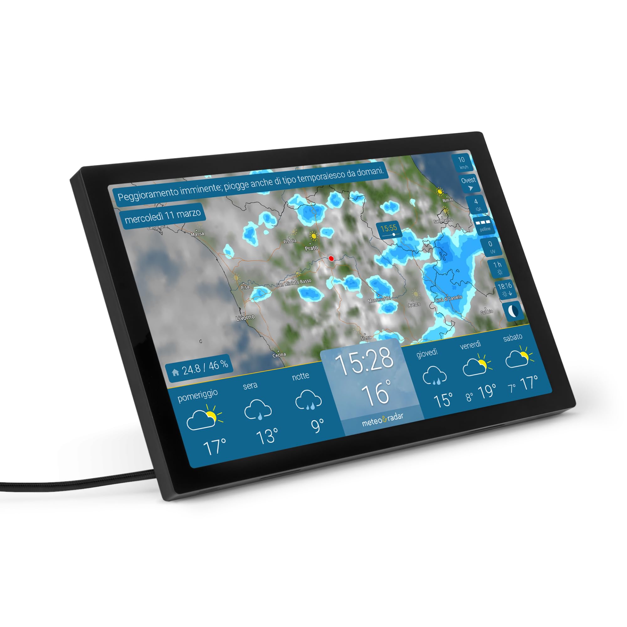meteo & radar home 4 Display, Stazione Wi-Fi con Radar meteo: Filmato animato sul tempo su display HD+ a colori, design elegante, allerte maltempo, previsione a 14 giorni, dati meteorologici premium