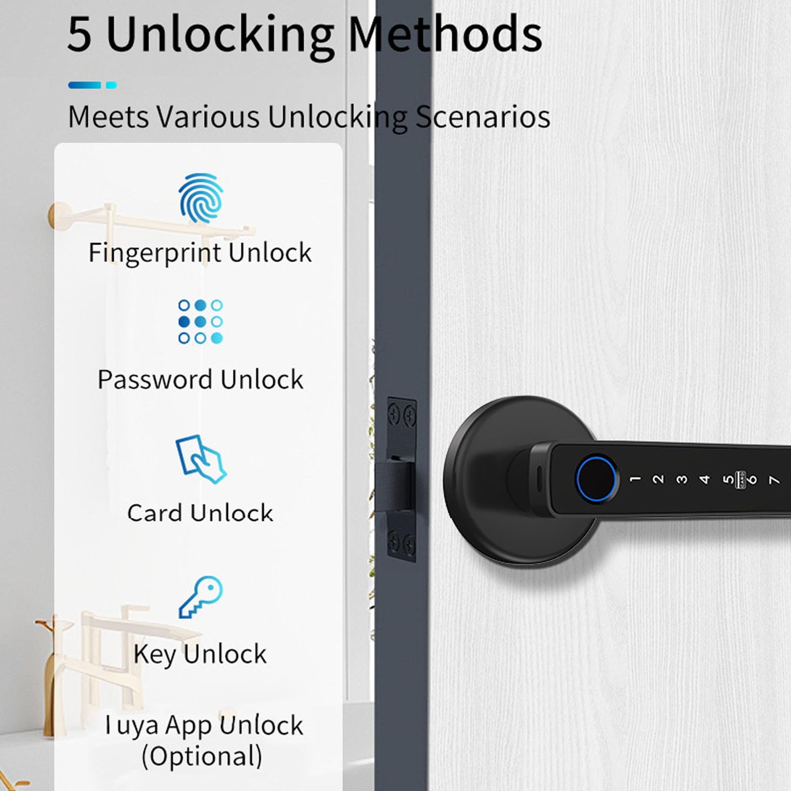 Cerradura de puerta con huella dactilar - Acceso 5 en 1: aplicación, tarjeta IC, contraseña, llave | Funciona con pilas, se adapta a puertas izquierdas/derecha (35-55 mm de grosor) | Mango electrónico