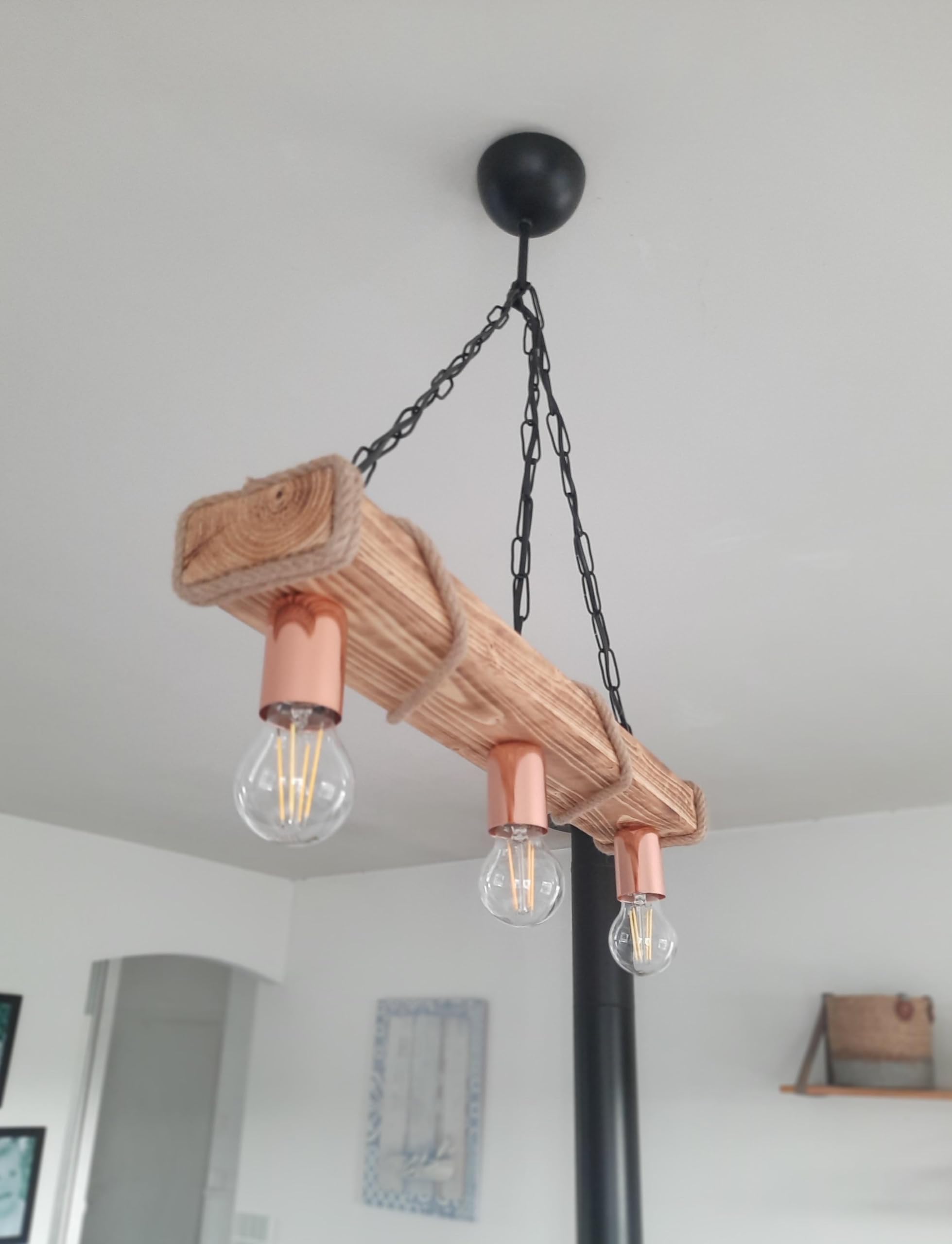 Lustre suspension en bois corde et cuivre - style industriel campagne chic - 3 ampoules E27