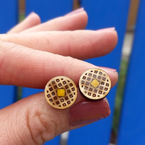 Miniatura 2 de Toaster Waffle Stud Earrings, Frozen Waffles with Butter and Syrup Brunch Food Diner Wood Studs Jewerly