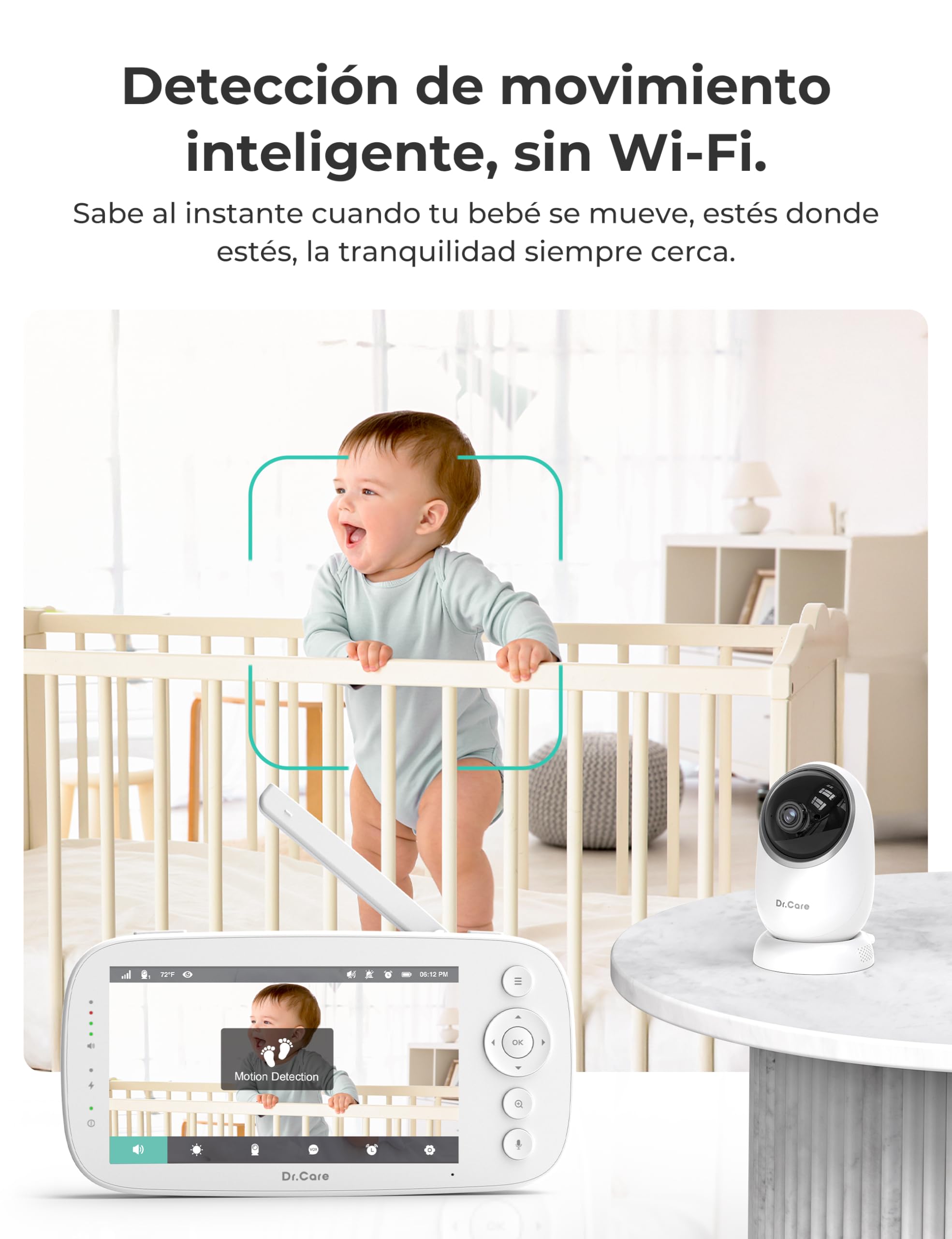 Dr.Care Vigilabebés NovaView Pro con detección de movimiento - Sin WiFi, pantalla de 5" 1080P, batería de 5000 mAh, visión nocturna, zoom 2X/4X, audio bidireccional, cámara giratoria, alcance de 390 m