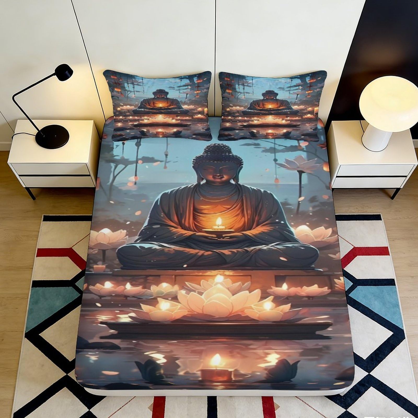 3D Printed Zen Meditation Fitted Sheet Microfiber Deep Pocket Elastic Hem Non-Slip Zen Mattress Fitted Cover for Bedroom 200x200x25cm