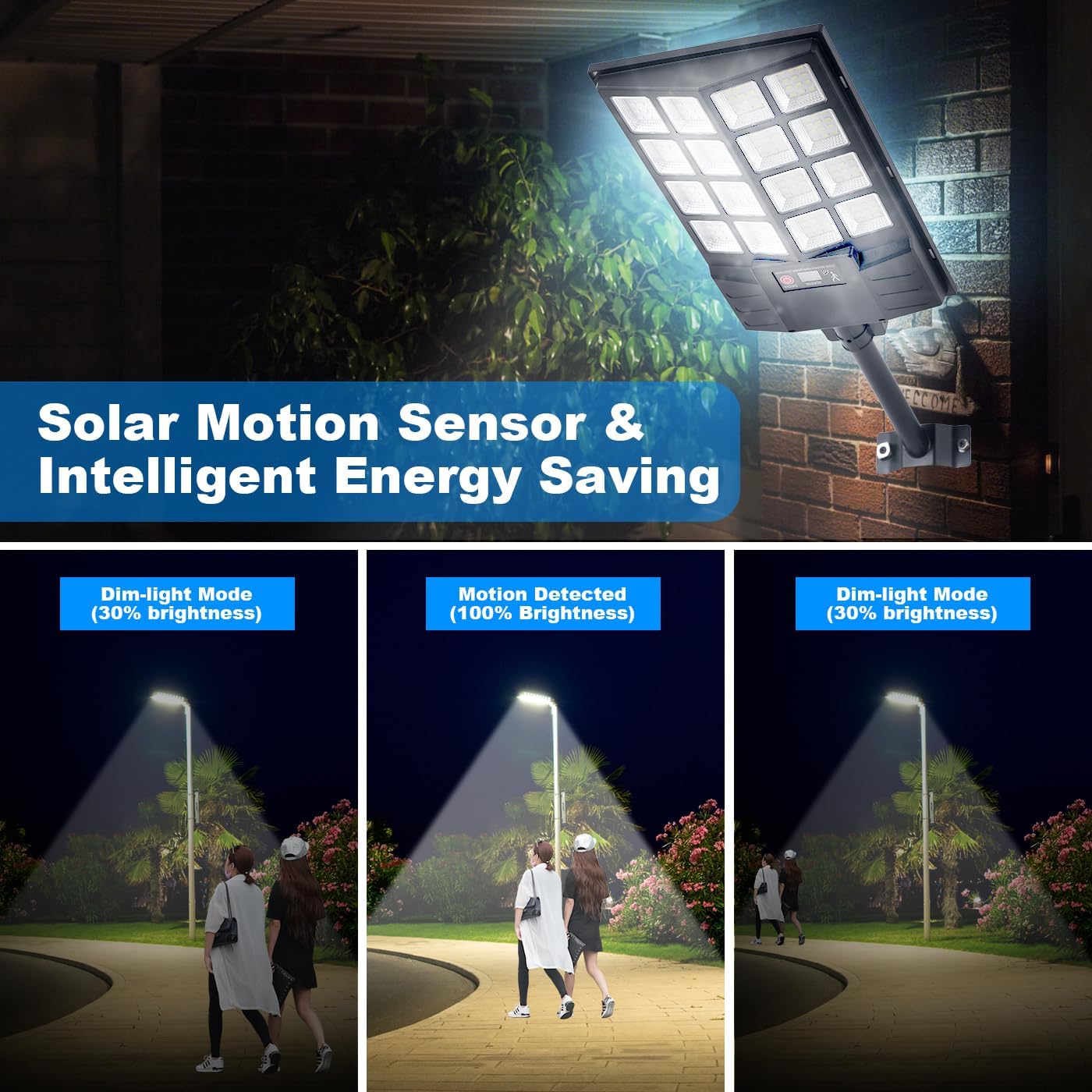 YACAISI Solar Street Light demonstrating motion sensor modes: dim light (30%) and full brightness (100%) upon motion detection.