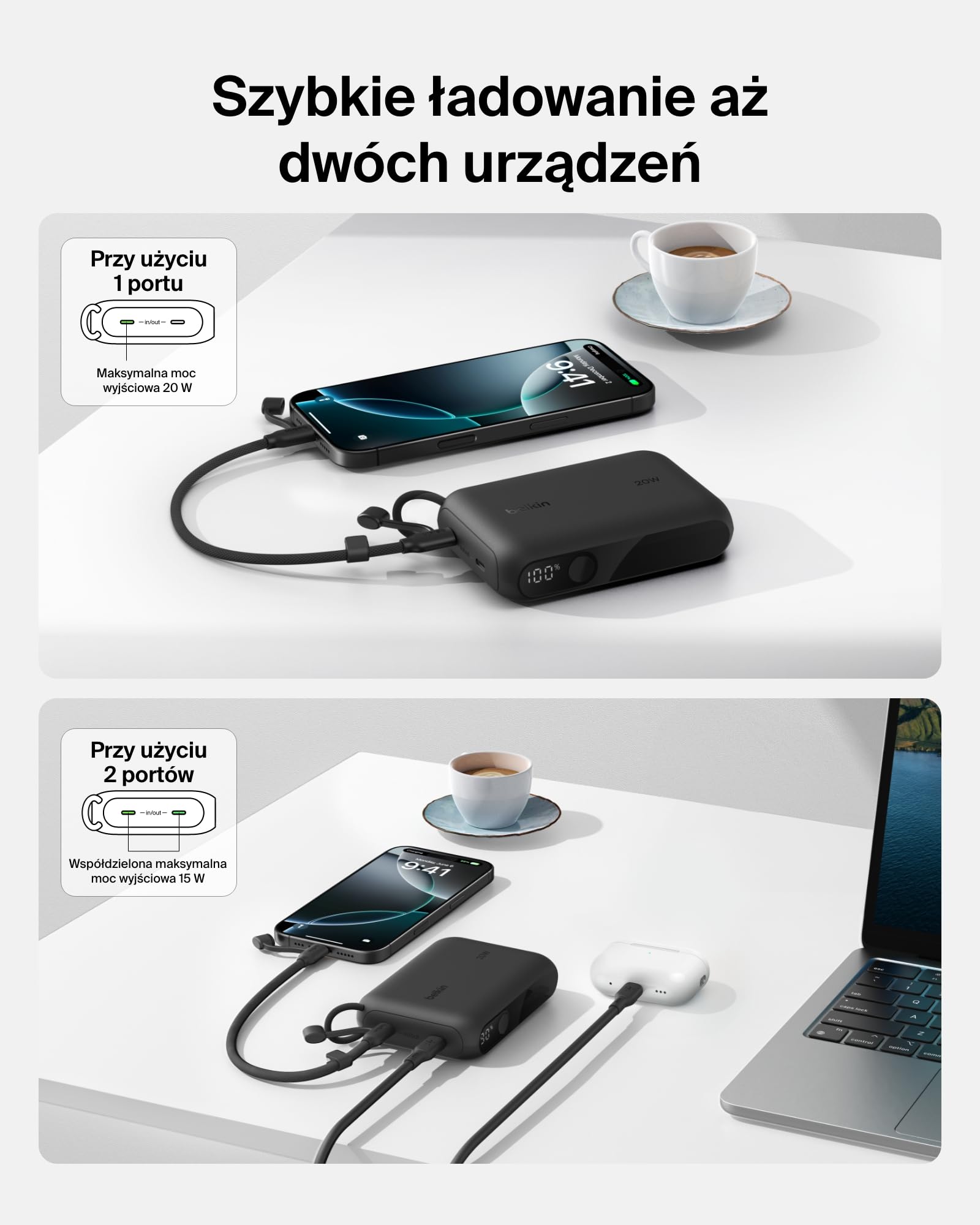 Belkin Power Bank 10000 mAh, Przenośna ładowarka z 2 portami USB-C, cyfrowy wyświetlacz, ładowanie urządzeń iPhone serii 16 i 15, Samsung Galaxy S25, S24, Pixel 9, iPad z mocą 20 W – Czarna