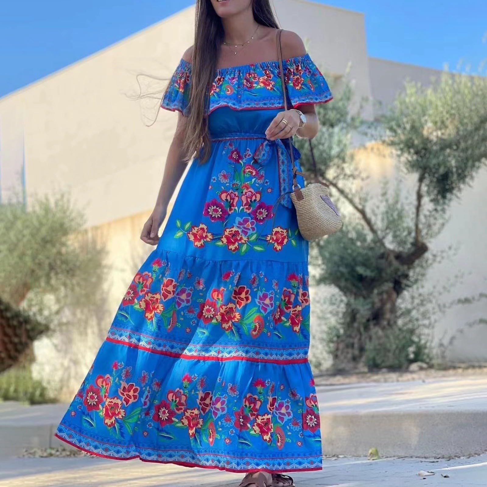 Robe Longue Femme | Mexicaine Traditionnelle | Épaules Dénudées | Jupe Ample | Imprimé Floral Rouge | Bohème Chic Été