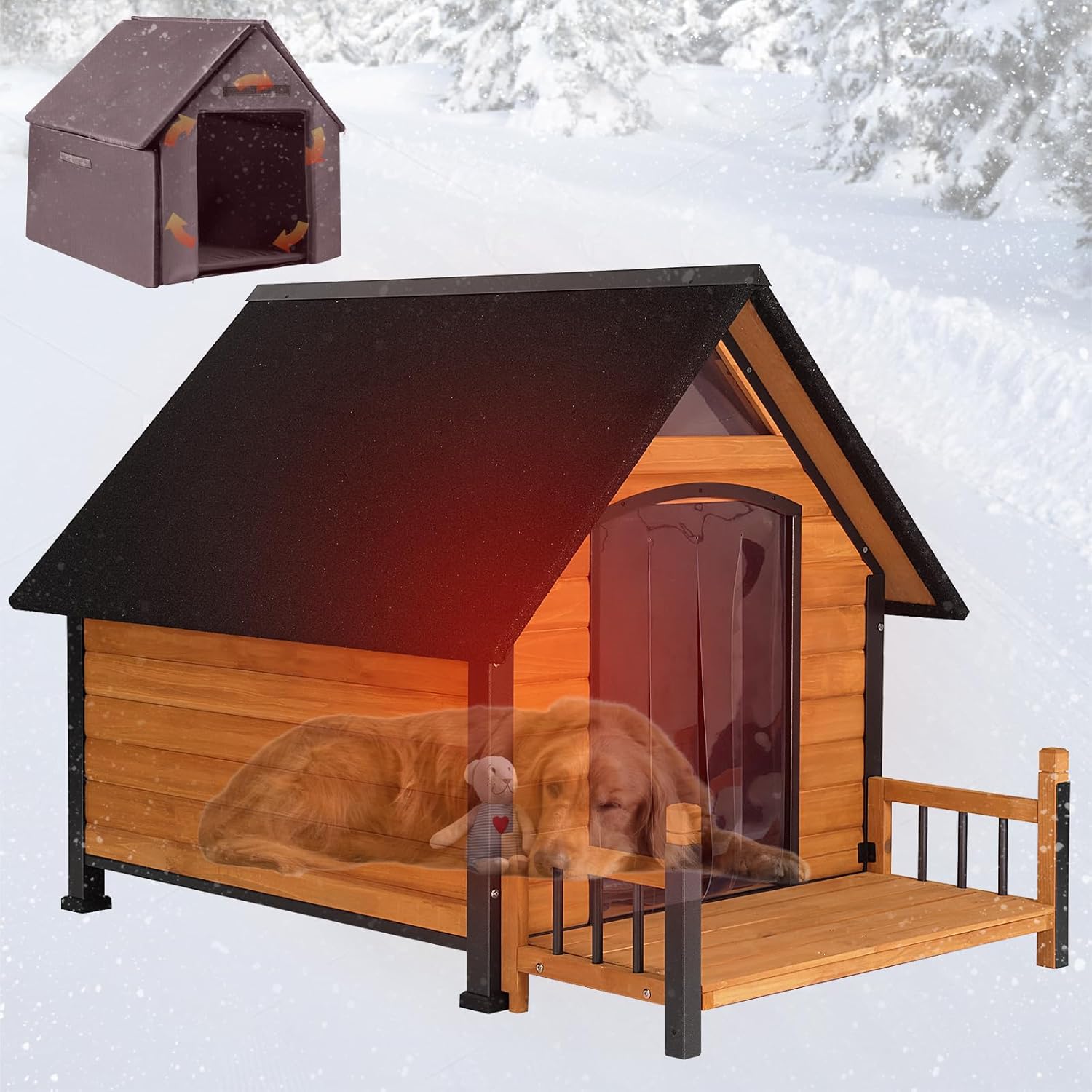 Dog House Outdoor, Insulated Dog Kennel Outside for Large Breed, 50.87" L Weatherproof Large Dog Shelter with Anti-Chewing Iron Frame (Brown, 50.87" D x 37.44" W x 37.2" H)