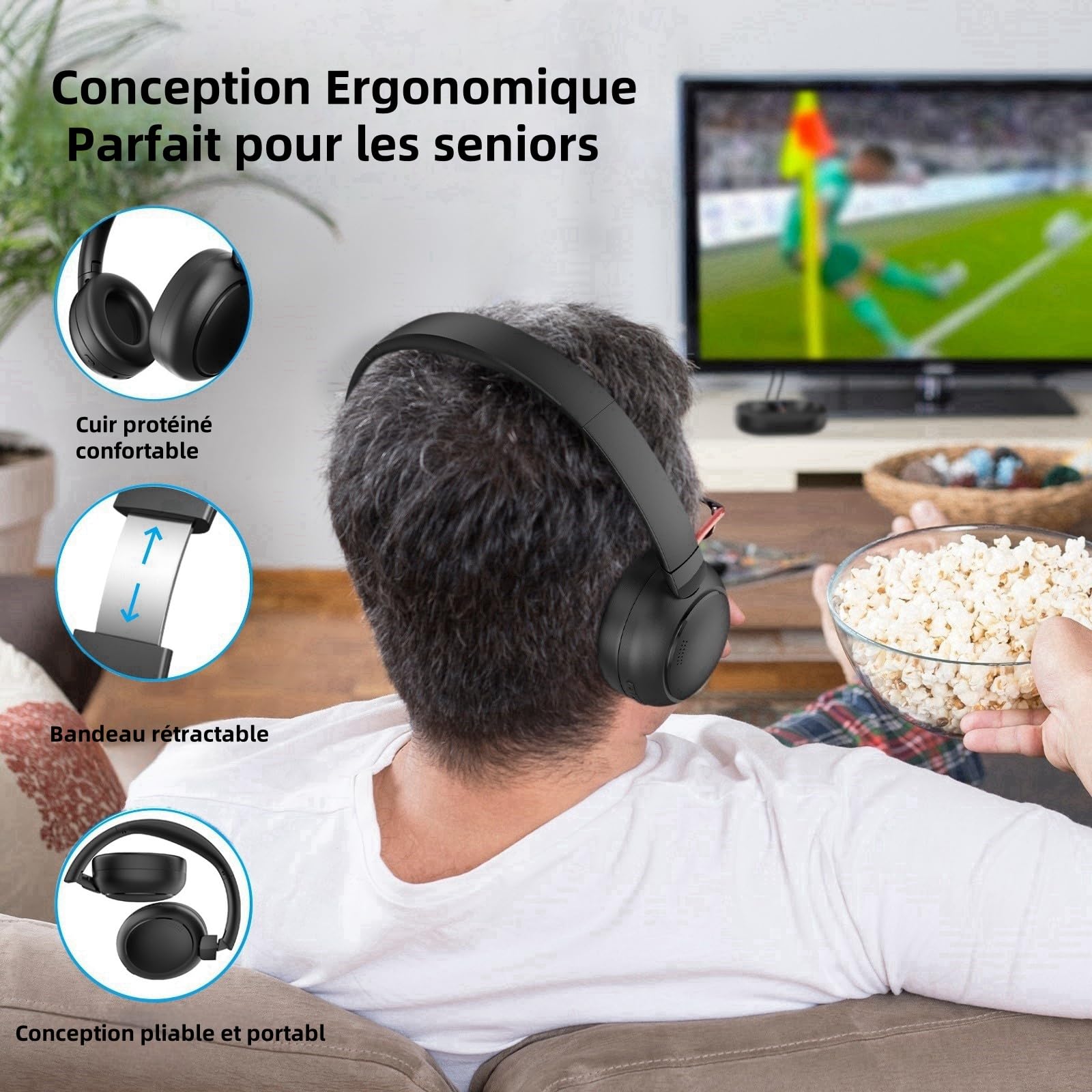 PROW Casque TV sans Fil, 2.4G et Bluetooth 5.3 Technologie bi-Mode Casque TV pour Personnes Âgées, Auriculaire sans Retard de Synchronisation, avec Base émettrice, Support Fibre Optique/USB/RCA/BT