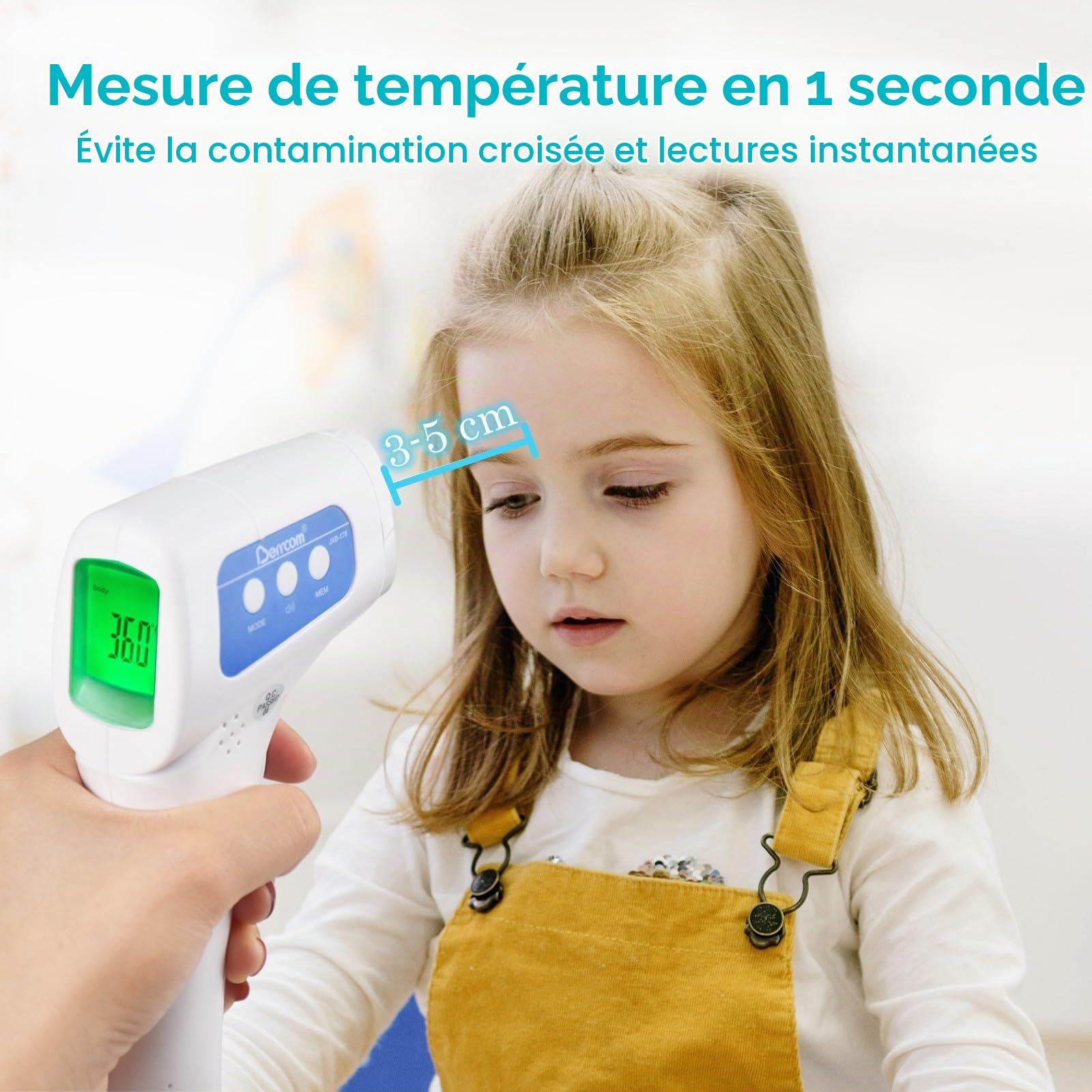 Berrcom Thermomètre Frontal Adulte et Bébé, Thermomètre Médical Infrarouge sans Contac avec Lecture Instantanée, Alarme de Fièvre