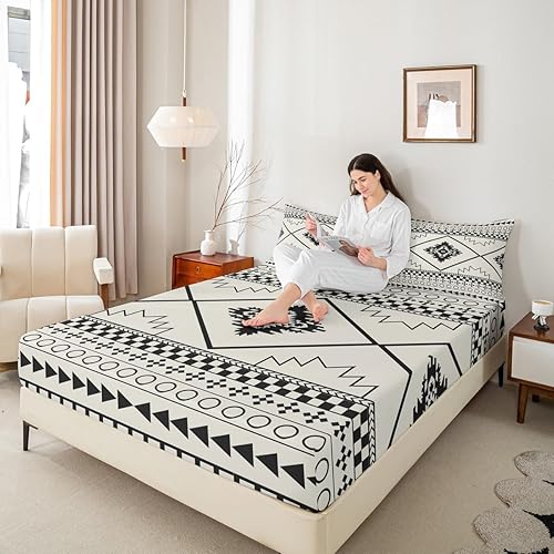 Miniatura 2 de Manfei Sábana bajera ajustable para niños con estampado azteca, tamaño individual, juego de ropa de cama de retazos geométricos de flechas,