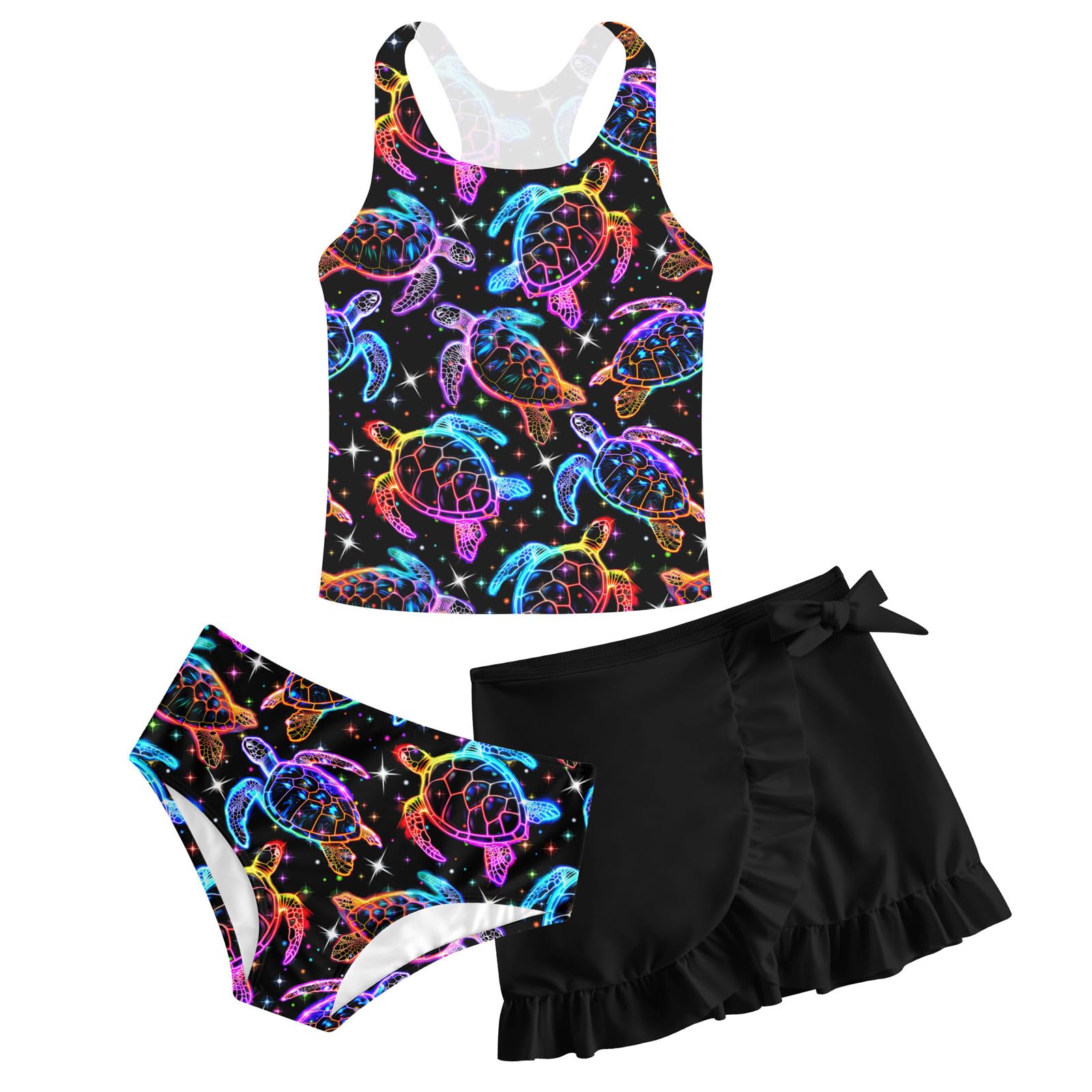 Girls Swimsuit 3 Piece Bathing Suit Quick Dry Tankini Set with Cover Up Beach Skirt Tankini Swimwear 5-16 Years