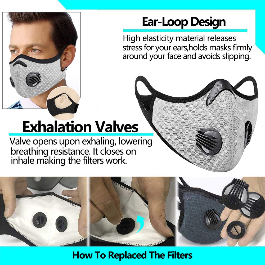 Mascarilla con válvula de respiración y filtro de carbón activado, lavable y reutilizable, utilizada para prevenir el polvo, L, Negro