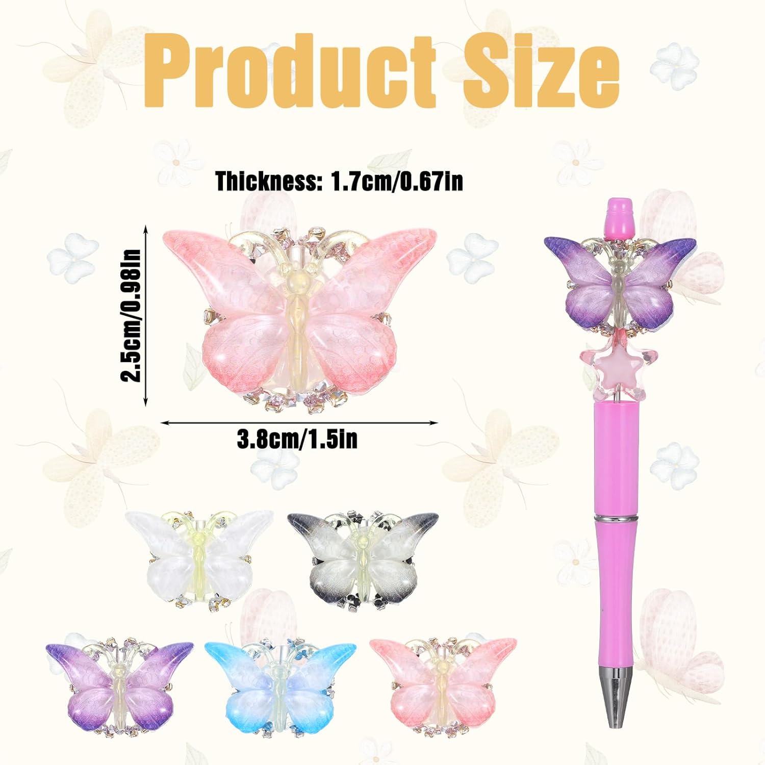 5 PCS Butterfly Focal Beads for Pens, Gradient Rhinestone Beads Pen Making Kit for DIY Fancy Pen Keychains, Craft Supplies Focal Beadable Pens Making - Image 2