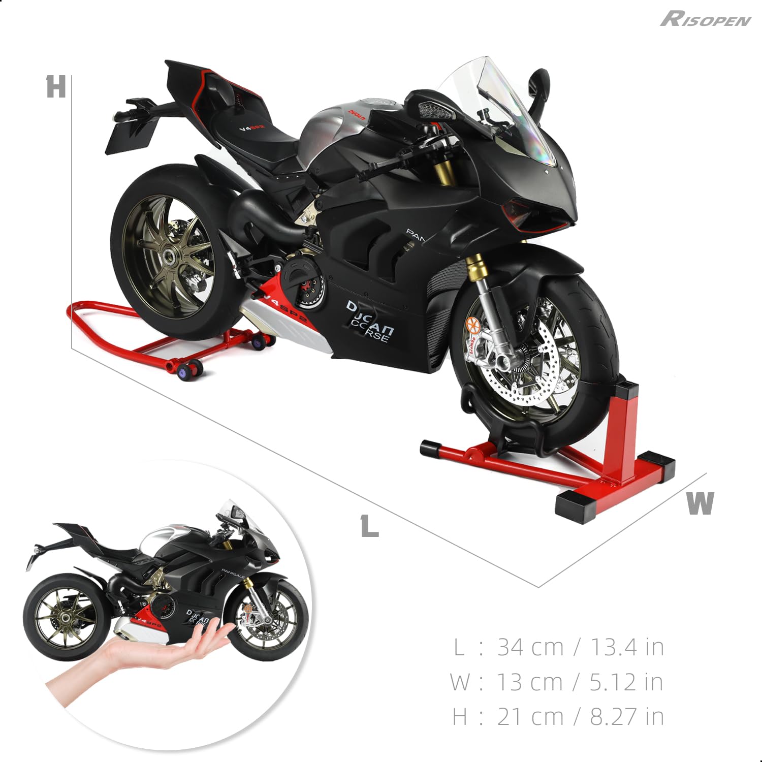 1:6 Motorrad-Modell passend für die Ducati Panigale V4 SP2 | Wasserspray Auspuff Startgeräusch Licht per Schlüsseldreh befüllbarer Wassertank für 12-Zoll-Puppen ideal für Sammler